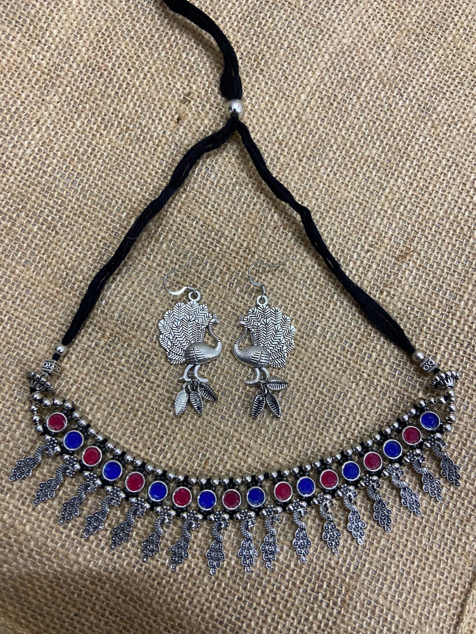 IMG_5742-scaled-1.jpg Oxidise Choker Set With Peacock Hanging - Pink & Blue - Image 1