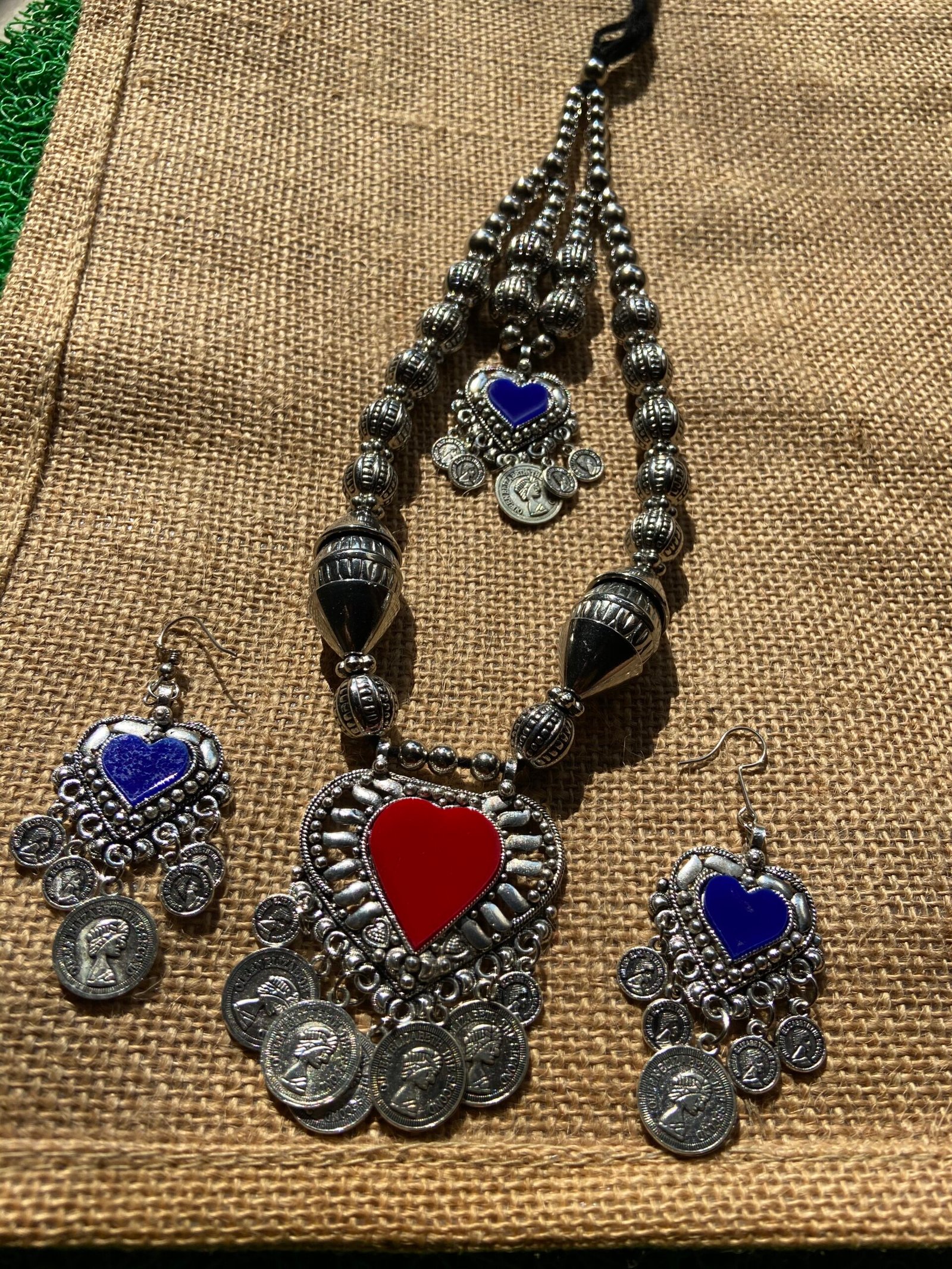 Long Double Necklace Set - Red and Blue