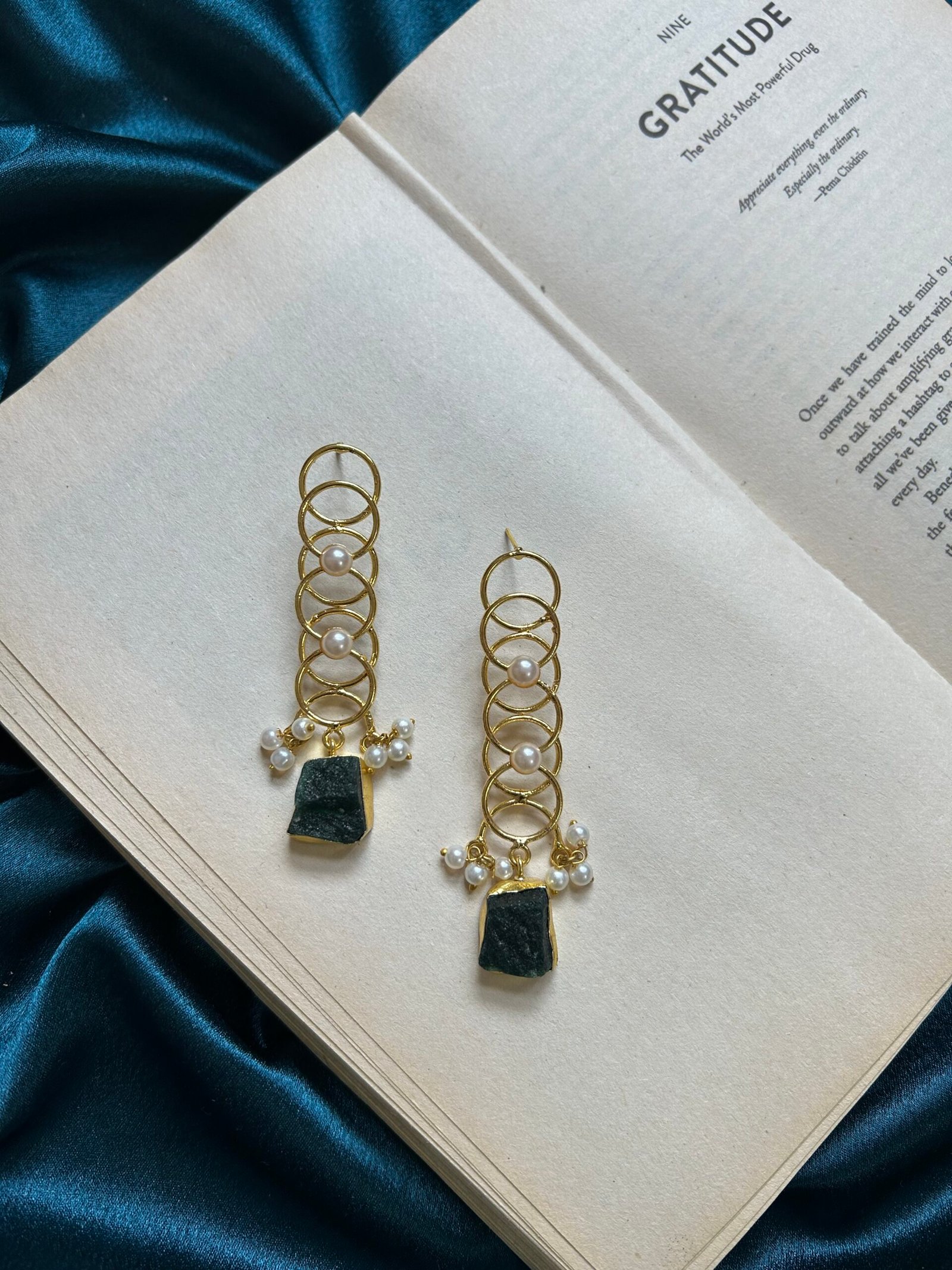 Brass Natural Stone Earrings - Green