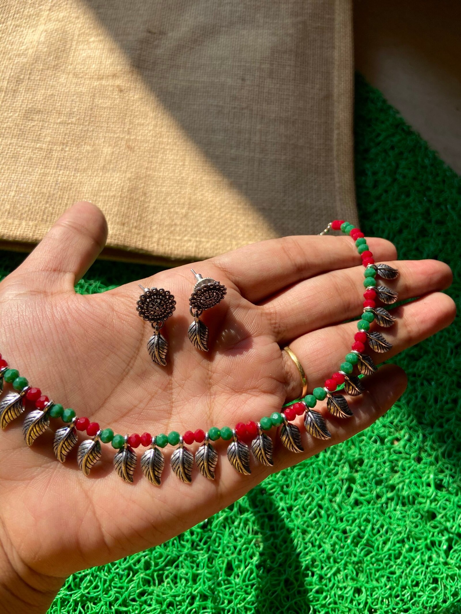 Oxidised Green Red Mala Leaf Choker Set