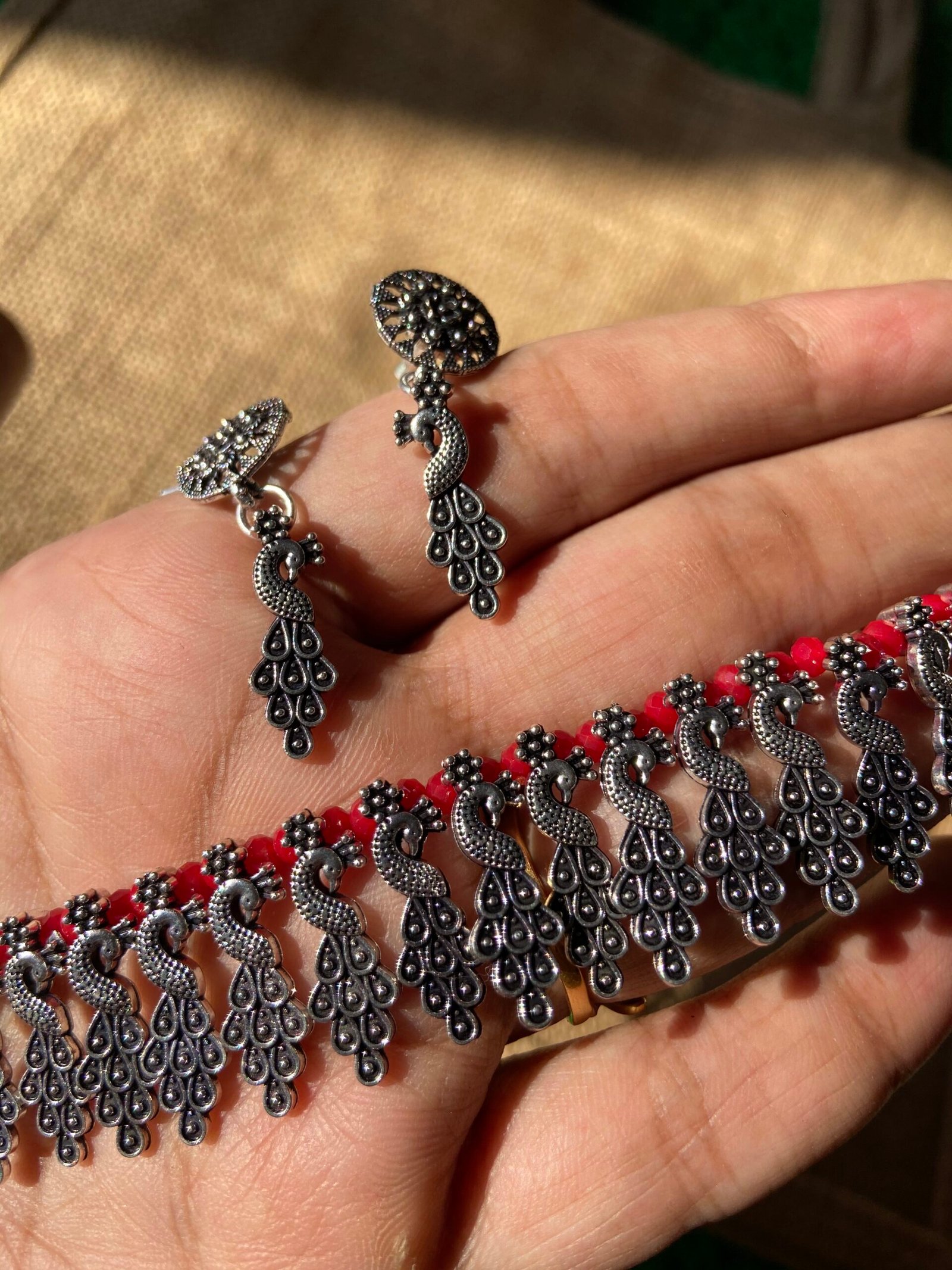 IMG_5869-scaled-1.jpg Oxidised Red Peacock hanging Choker Set - Image 1