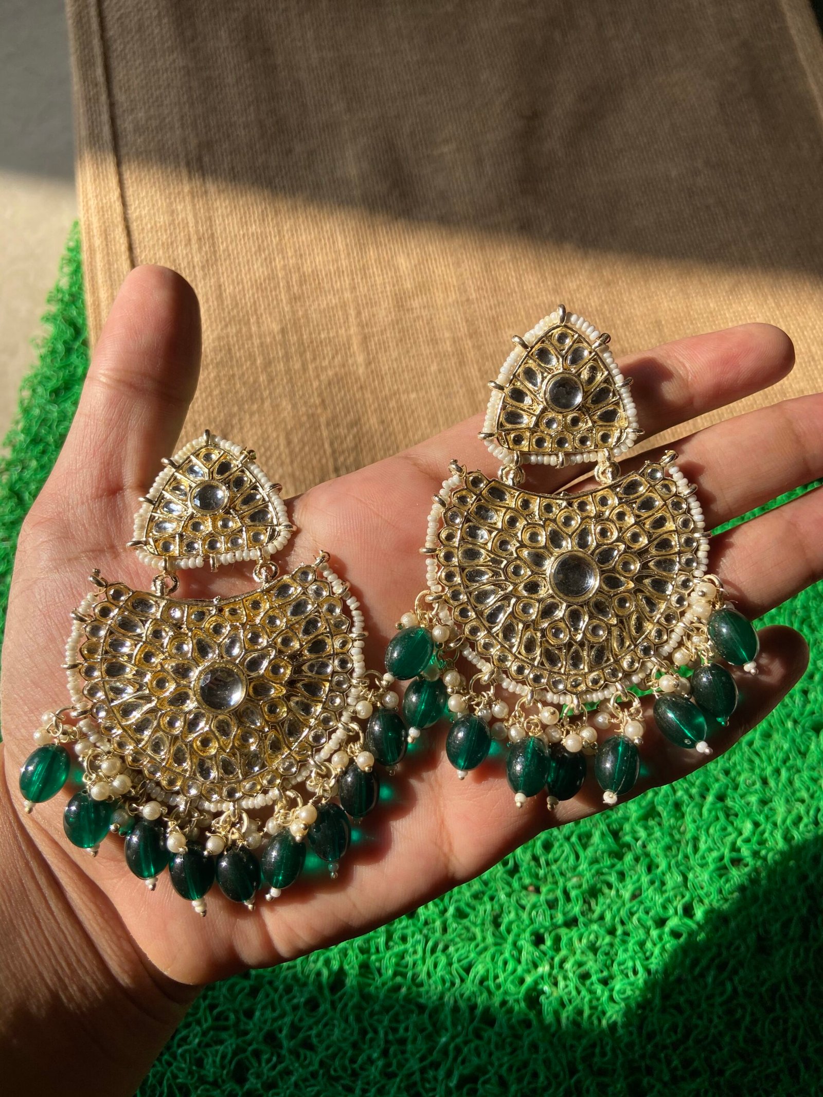Kundan Earrings - Bottle Green