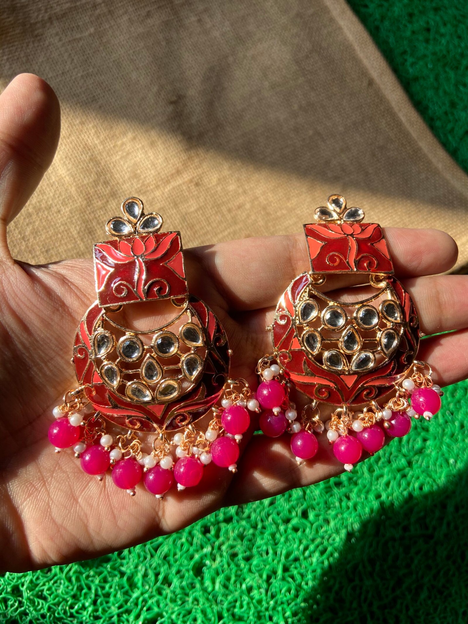 Meenakari Kundan Earrings- orange , maroon and hot pink