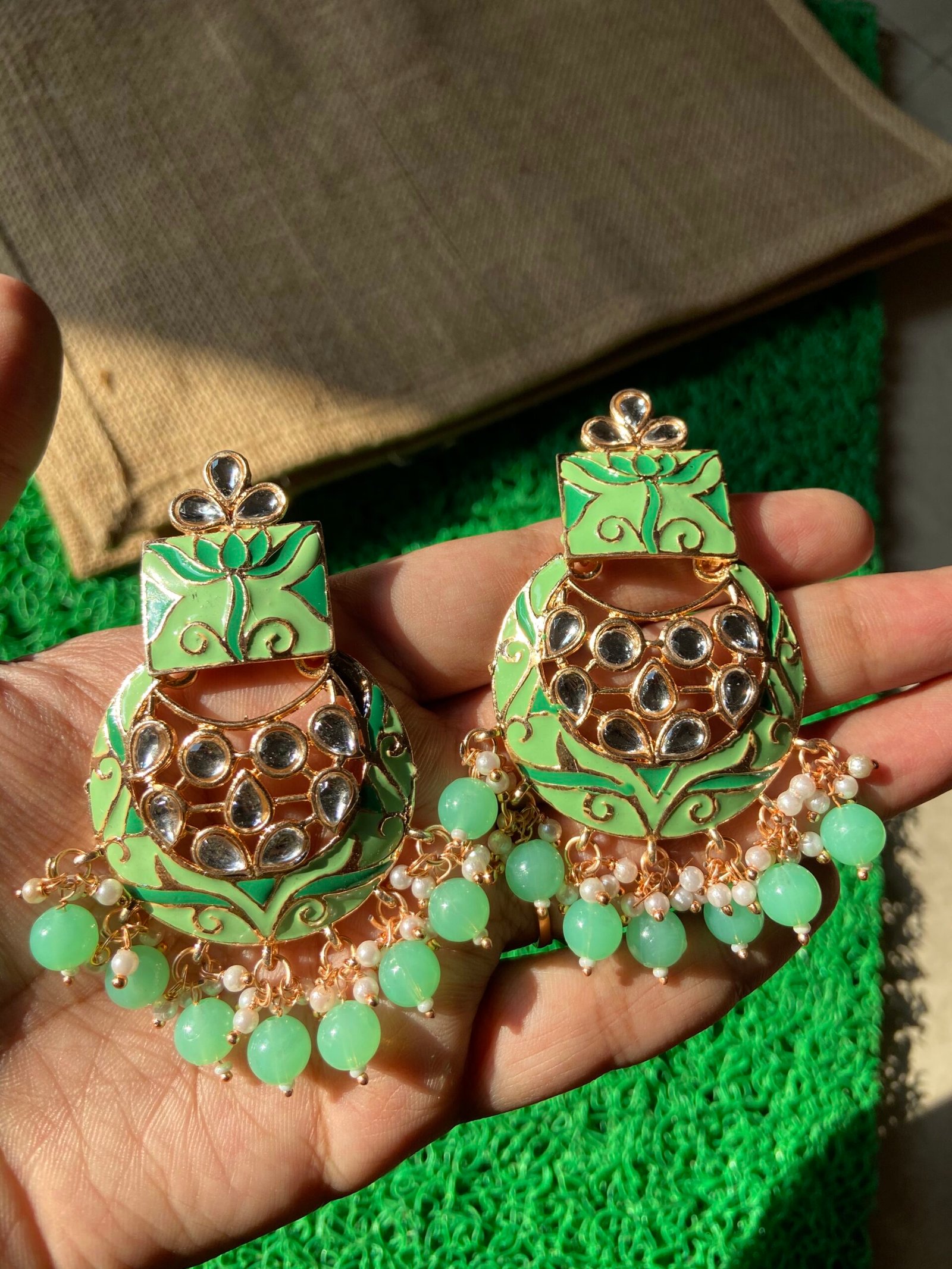 Meenakari Kundan Earrings - Mint Green