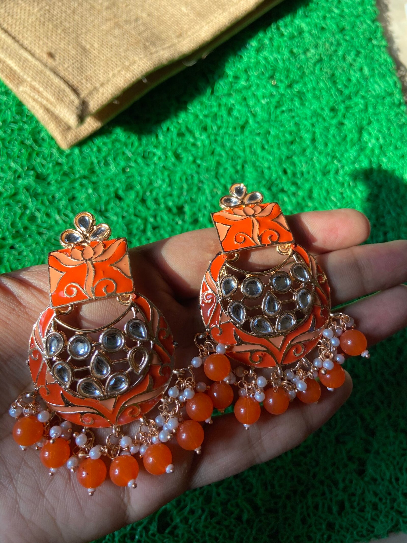 Meenakari Kundan Earrings - Orange
