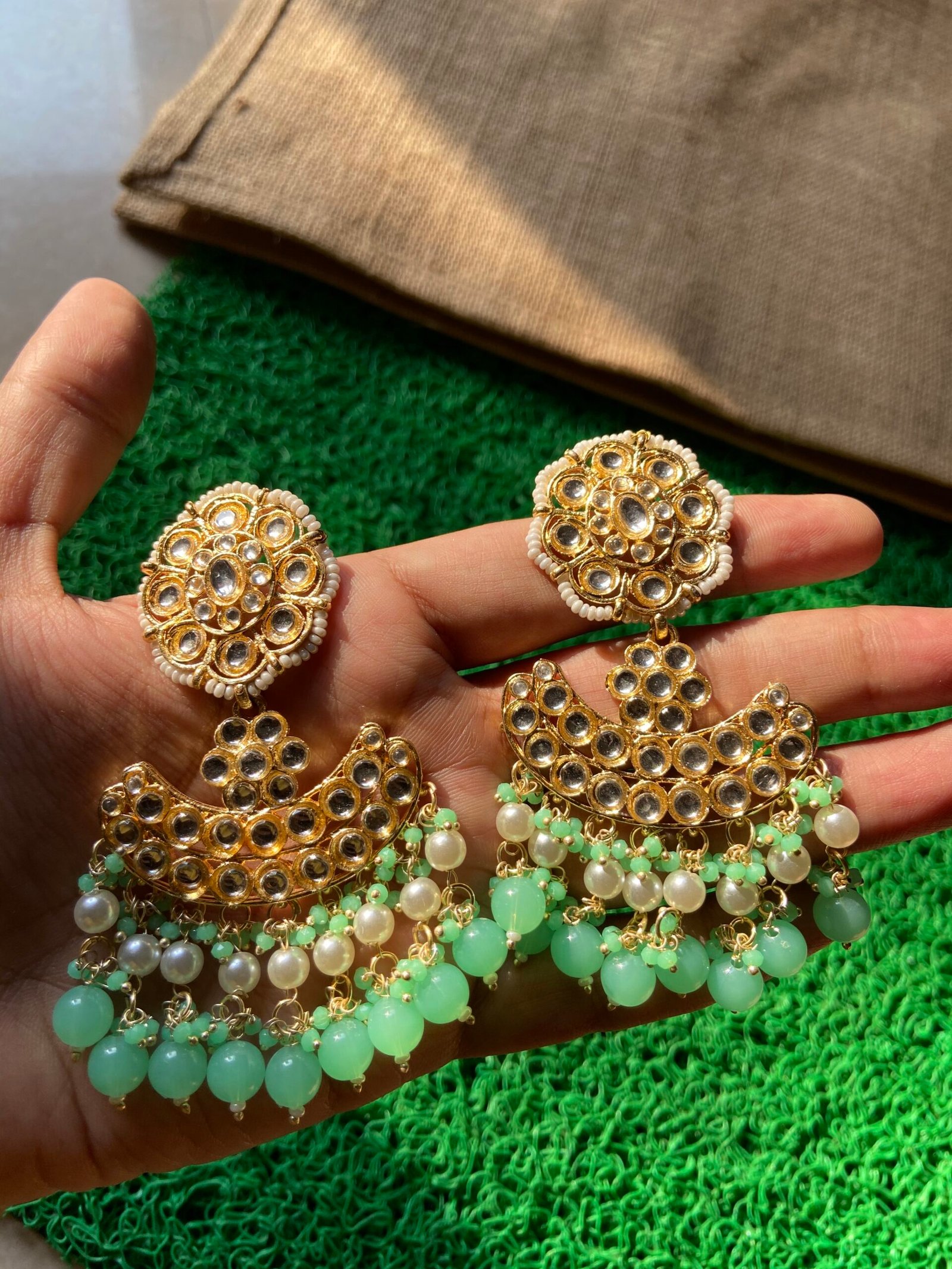IMG_5931 Kundan Stone Earrings - Mint Green - Image 1