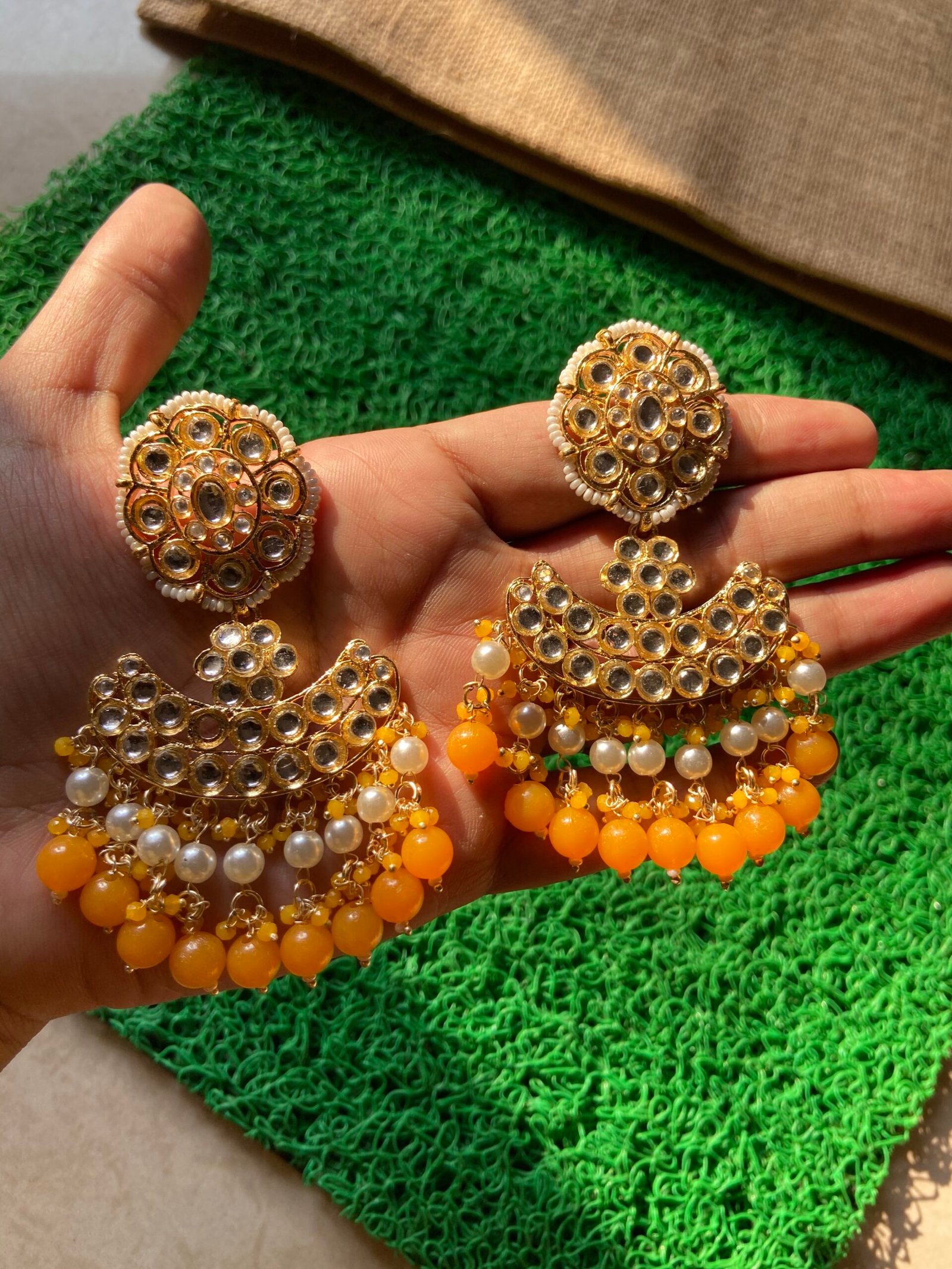 Kundan Stone Earrings - Haldi Yellow