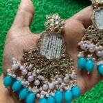 Sky Blue Kundan Earrings with Beads Jaal