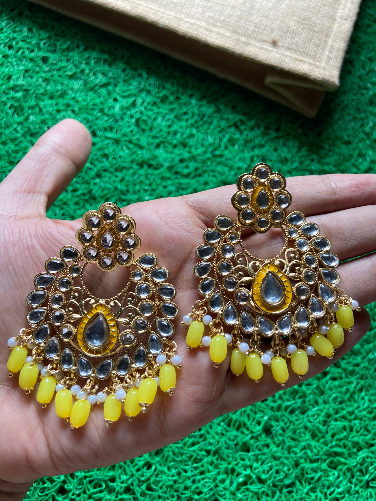 Yellow Kundan Earrings