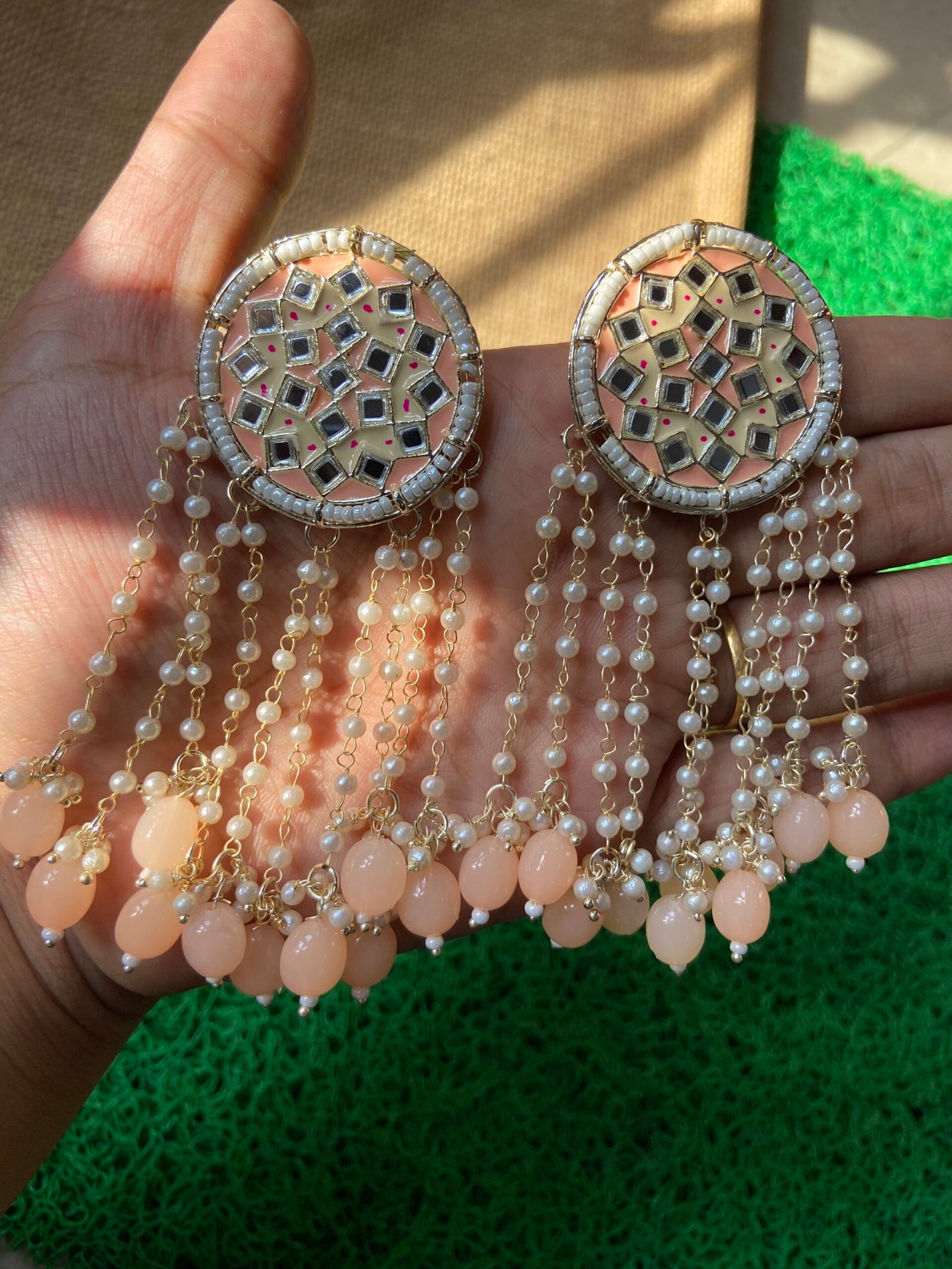 IMG_6322-scaled-1.jpg Round Mirror Earrings - Peach - Image 1