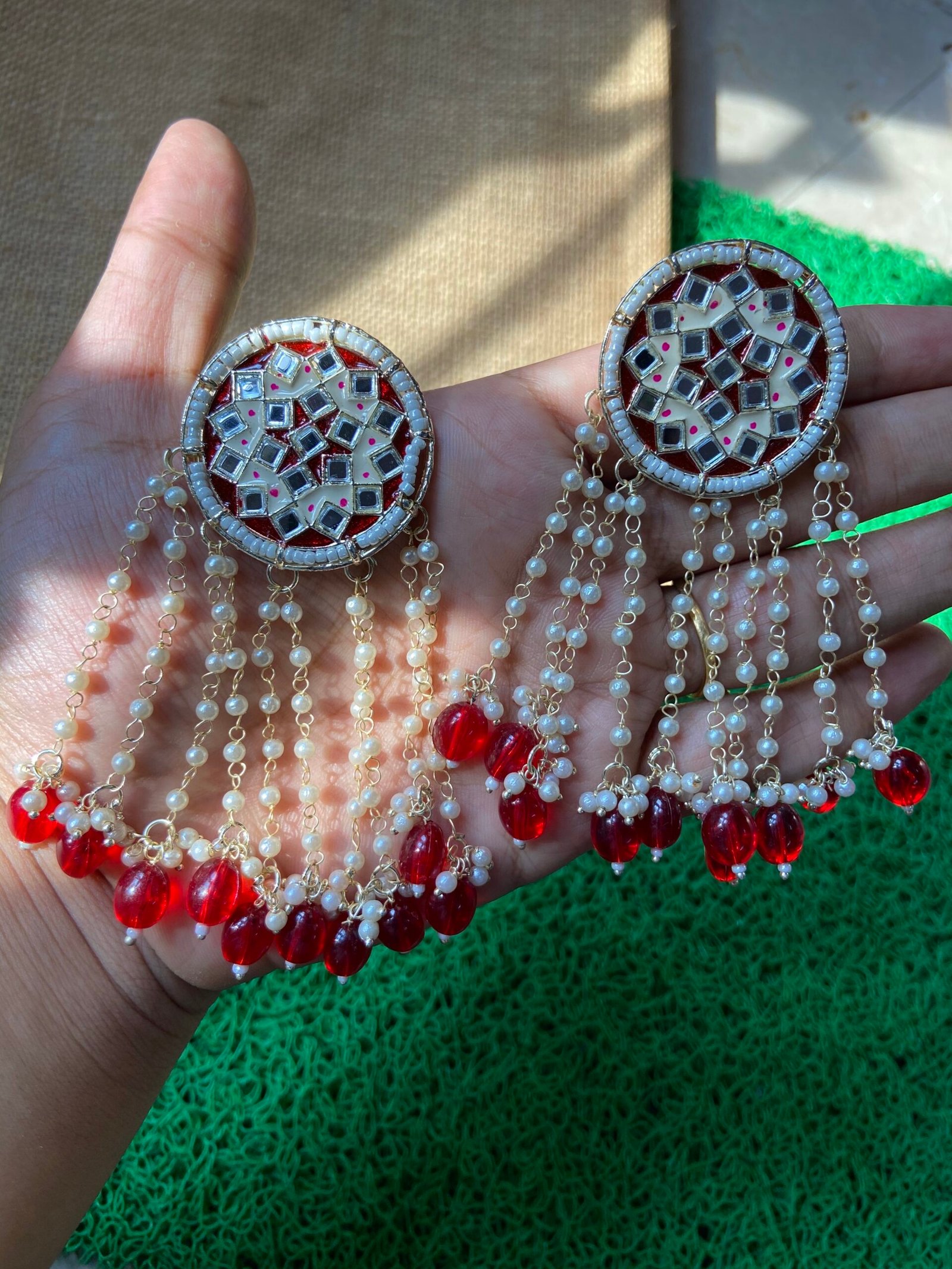 IMG_6326-scaled-1.jpg Round Mirror Earrings - Red - Image 1