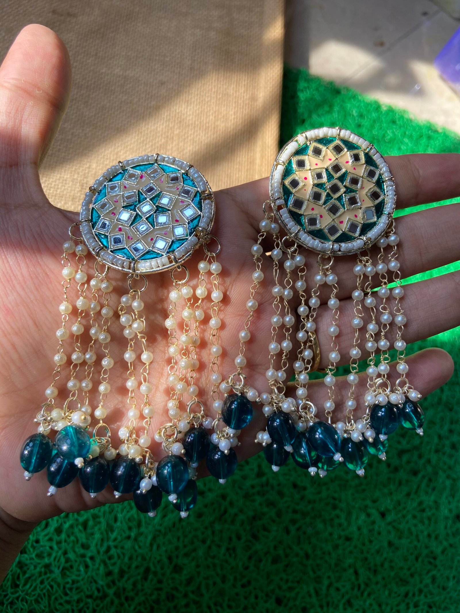 Round Mirror Earrings - Teal Blue