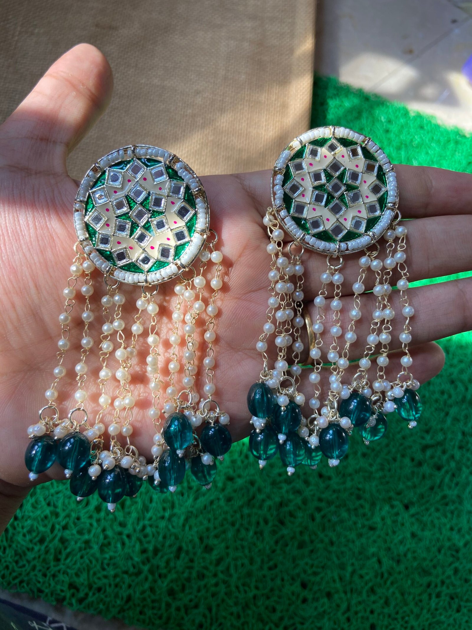 Round Mirror Earrings - Green