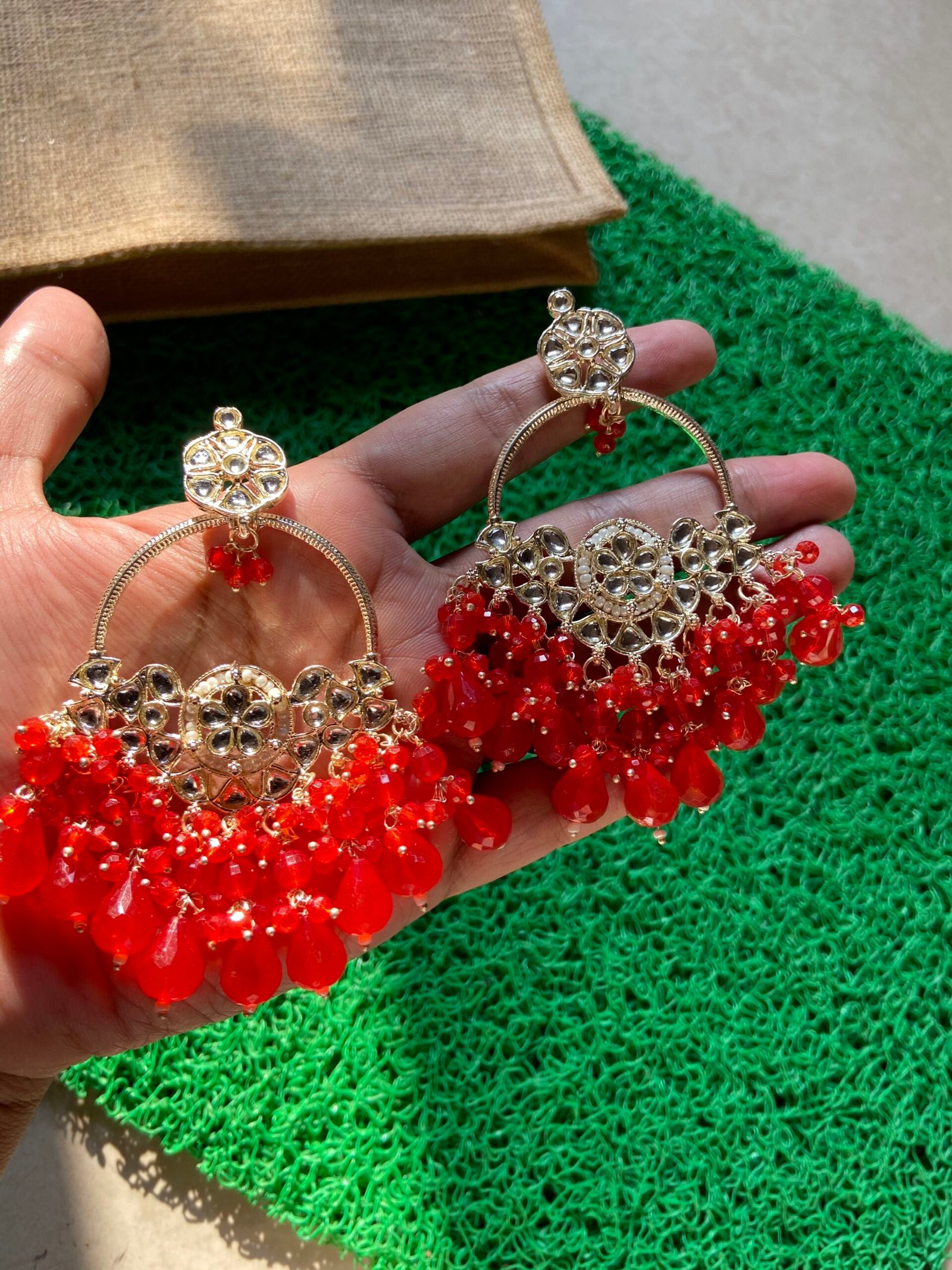Kundan Earrings With Red Beads
