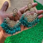 Kundan Earrings With Teal Blue Beads