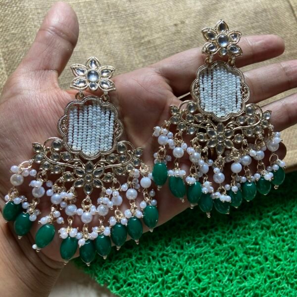 Kundan Green Earrings With Moti Jaal