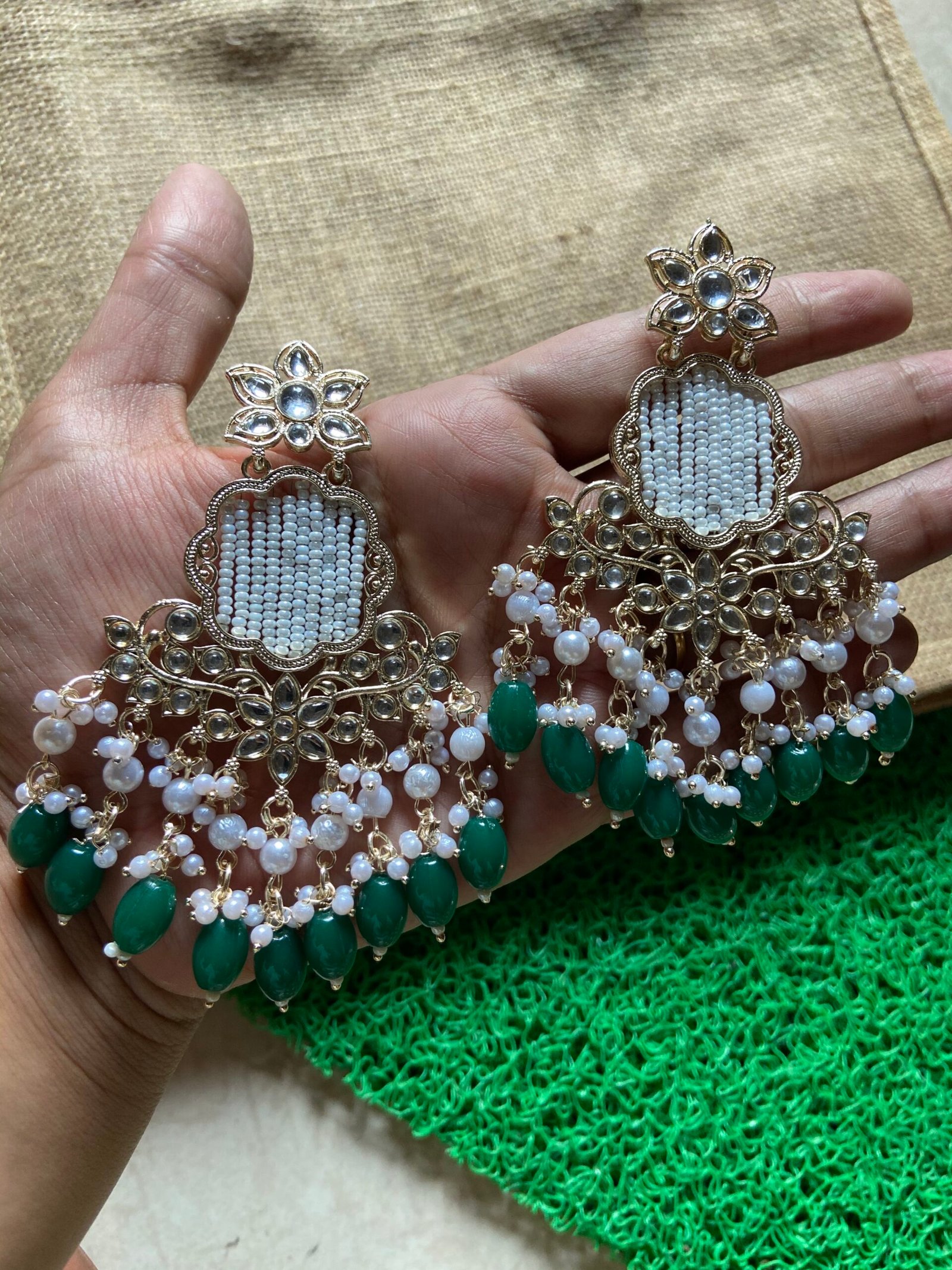 Kundan Green Earrings With Moti Jaal