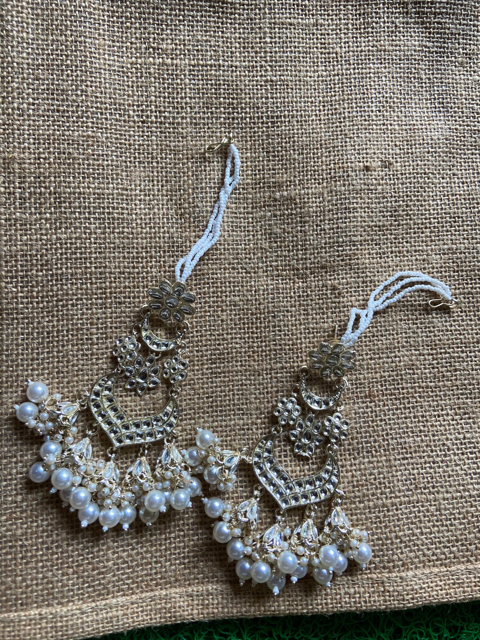 Beautiful Long Earrings With pearls and Ear Chain - White