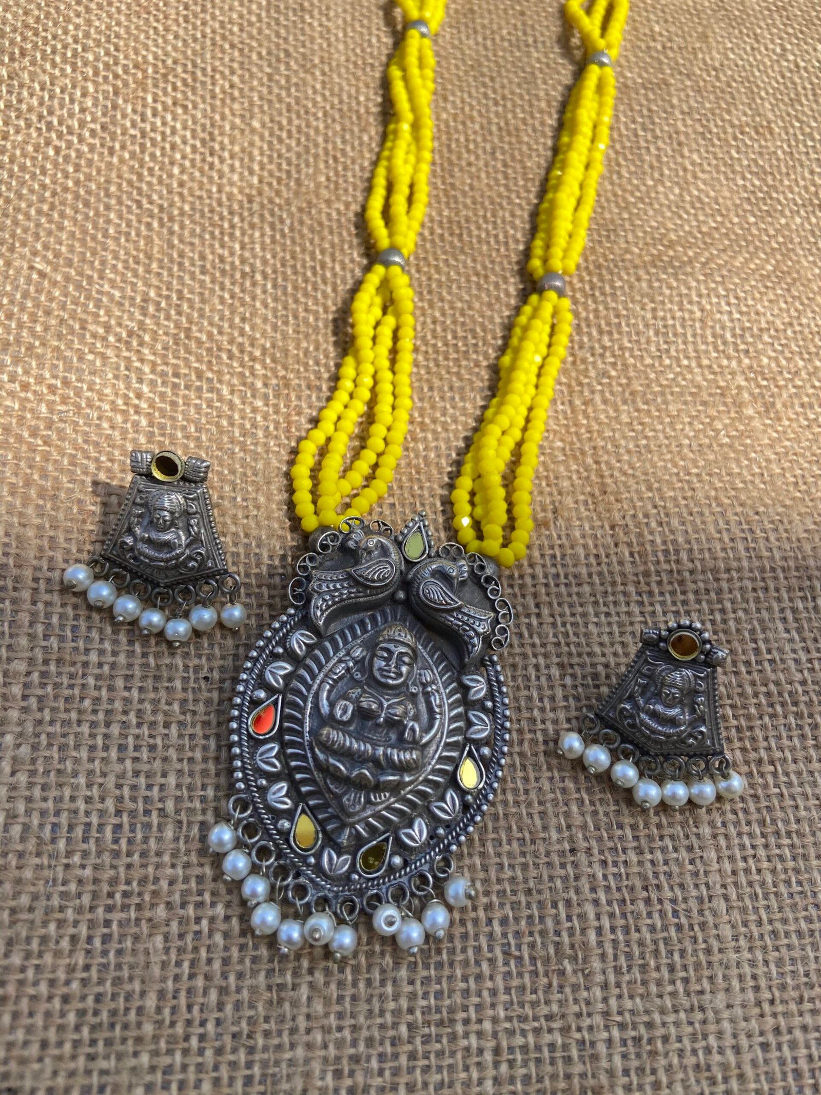 Oxidised Long Crystal Mala Necklace - Yellow