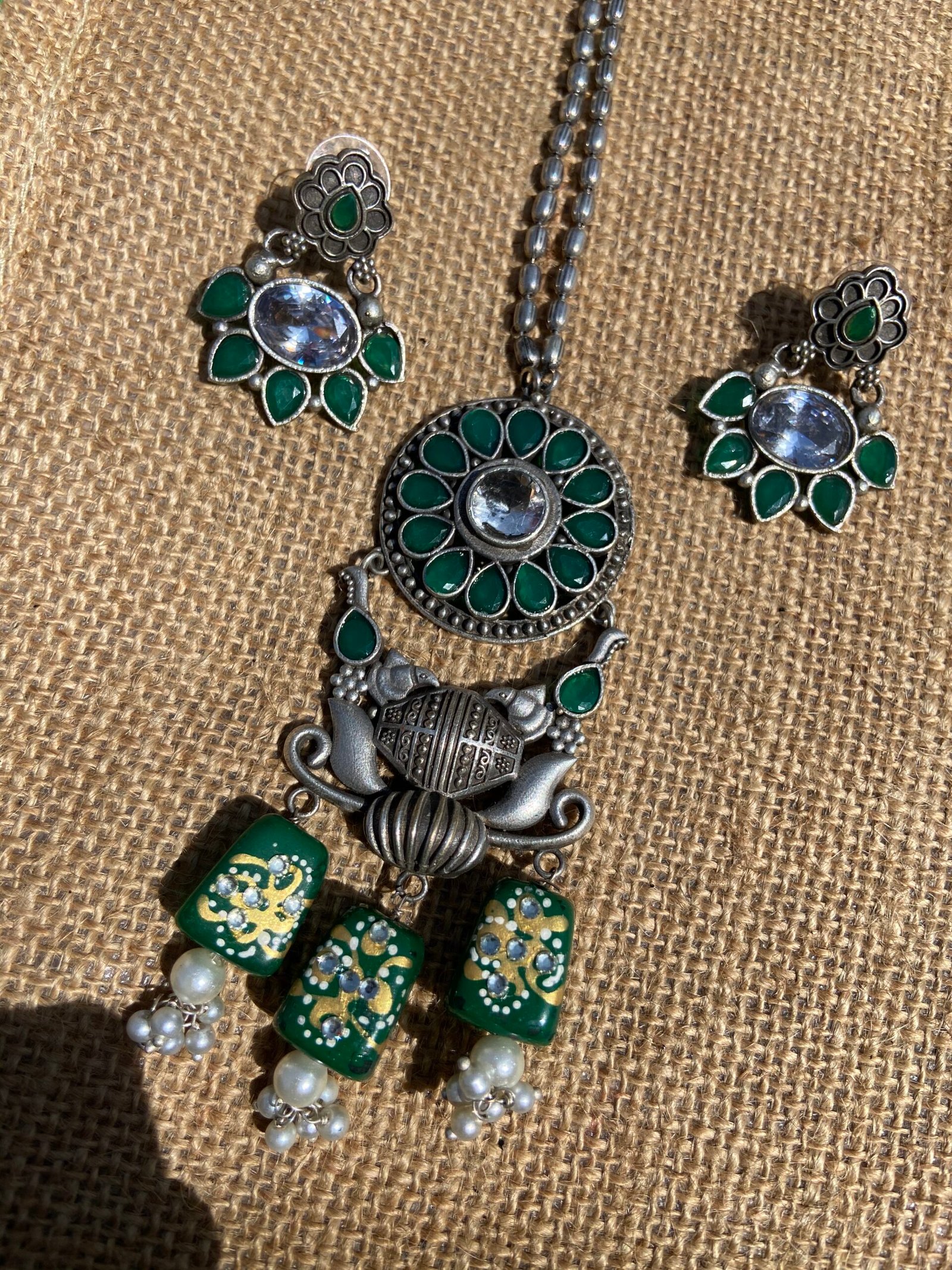 Silver Replica Flower With Tumble Beads -Green