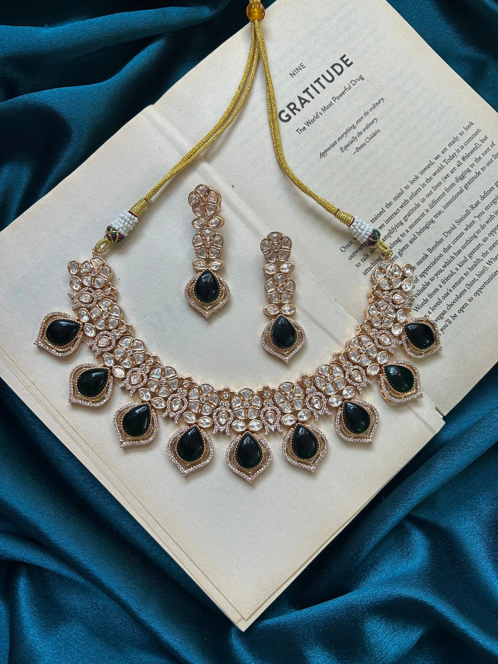 AD Polki Necklace Set With Earrings - Dark Green