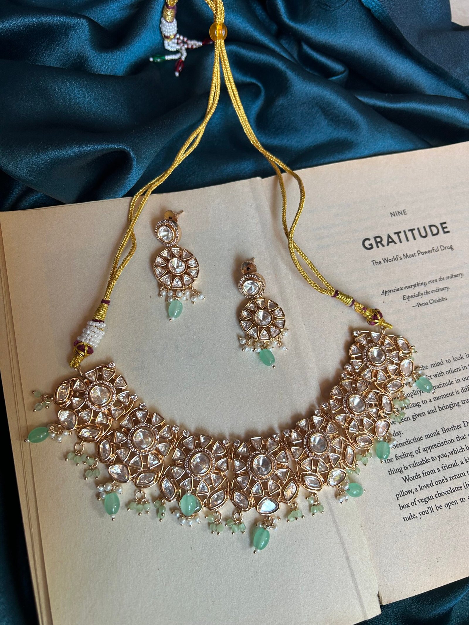AD Polki Necklace Set - Mint