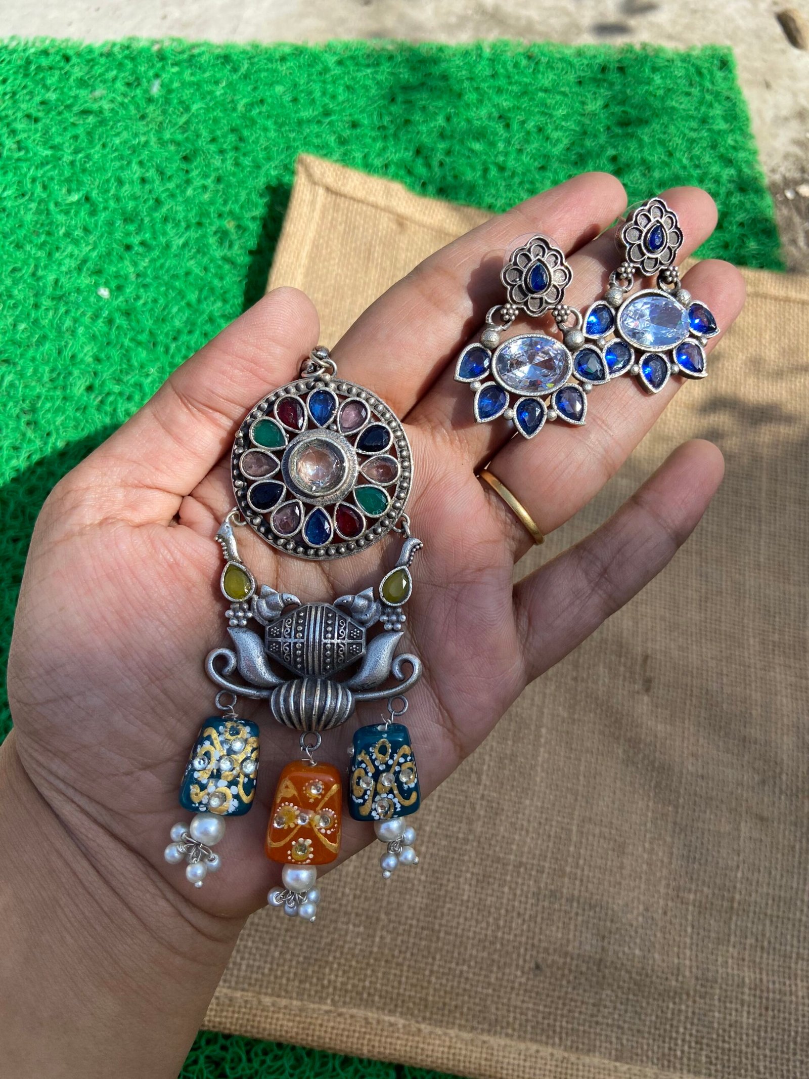 Silver Replica Flower With Tumble Beads - Multi