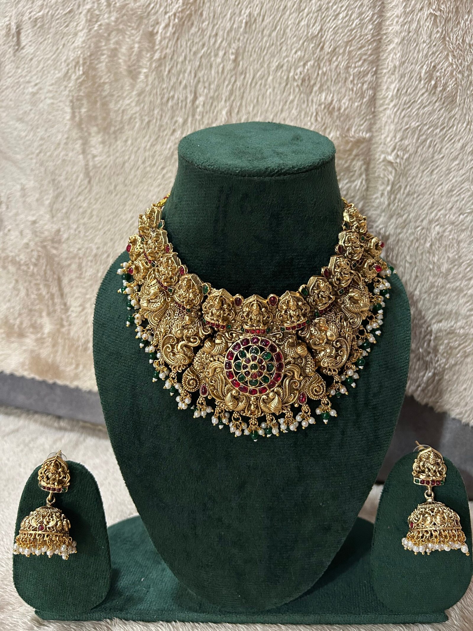 Laxmi Mata Necklace Set With Earrings - Ruby Green