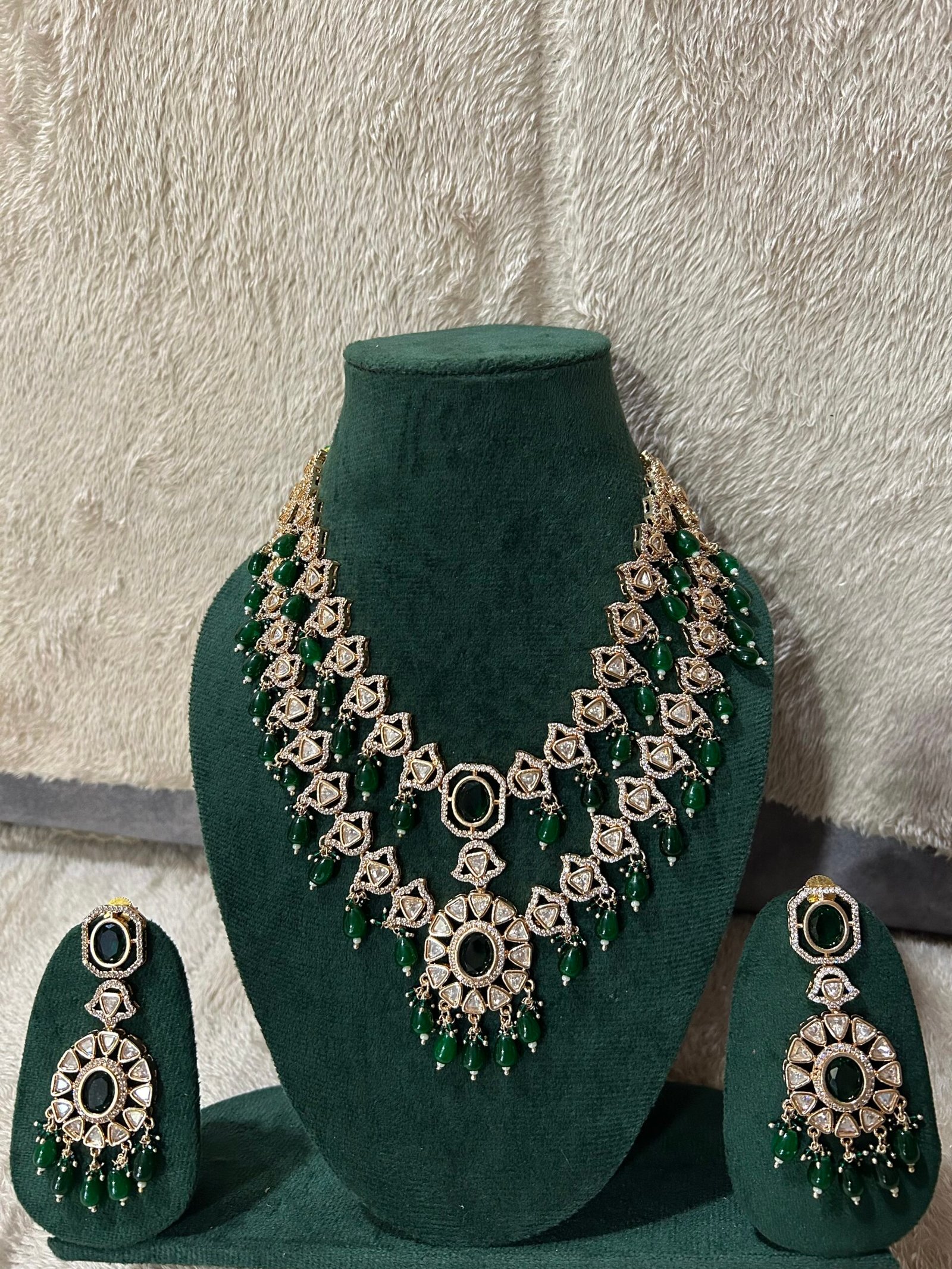 IMG_6840 AD Polki Double Line Necklace Set With Earrings - Green - Image 1