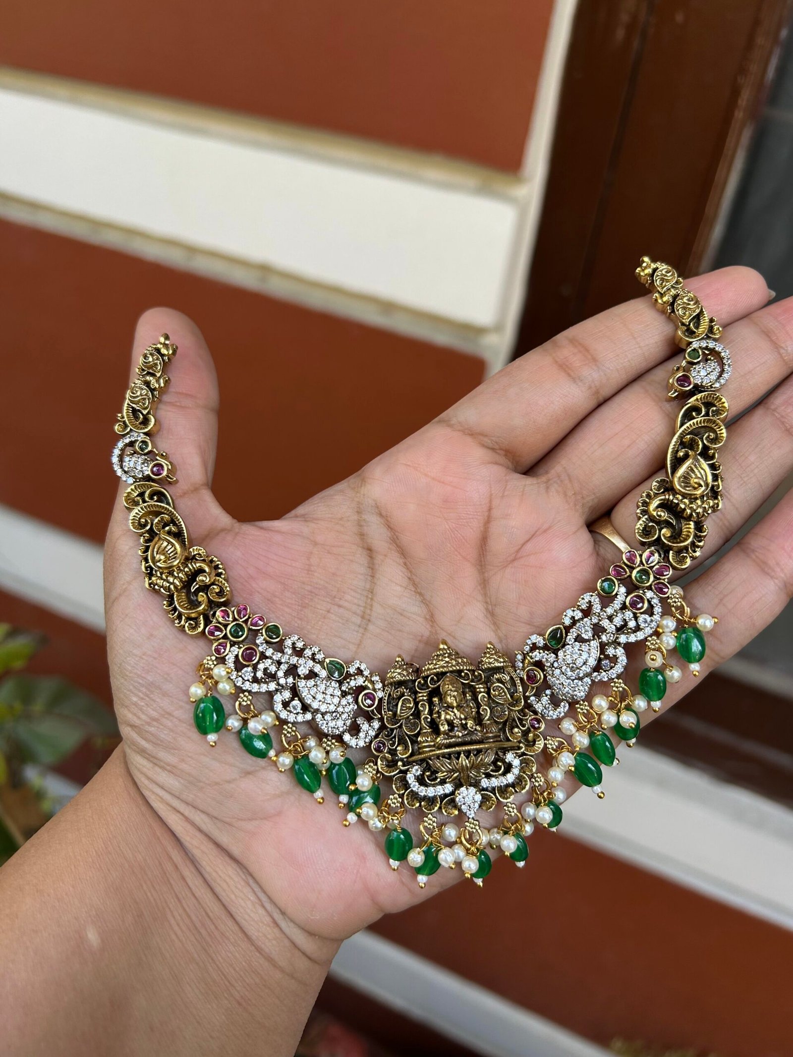 Victorian AD Laxmi Mata Necklace Set With Earrings - Green