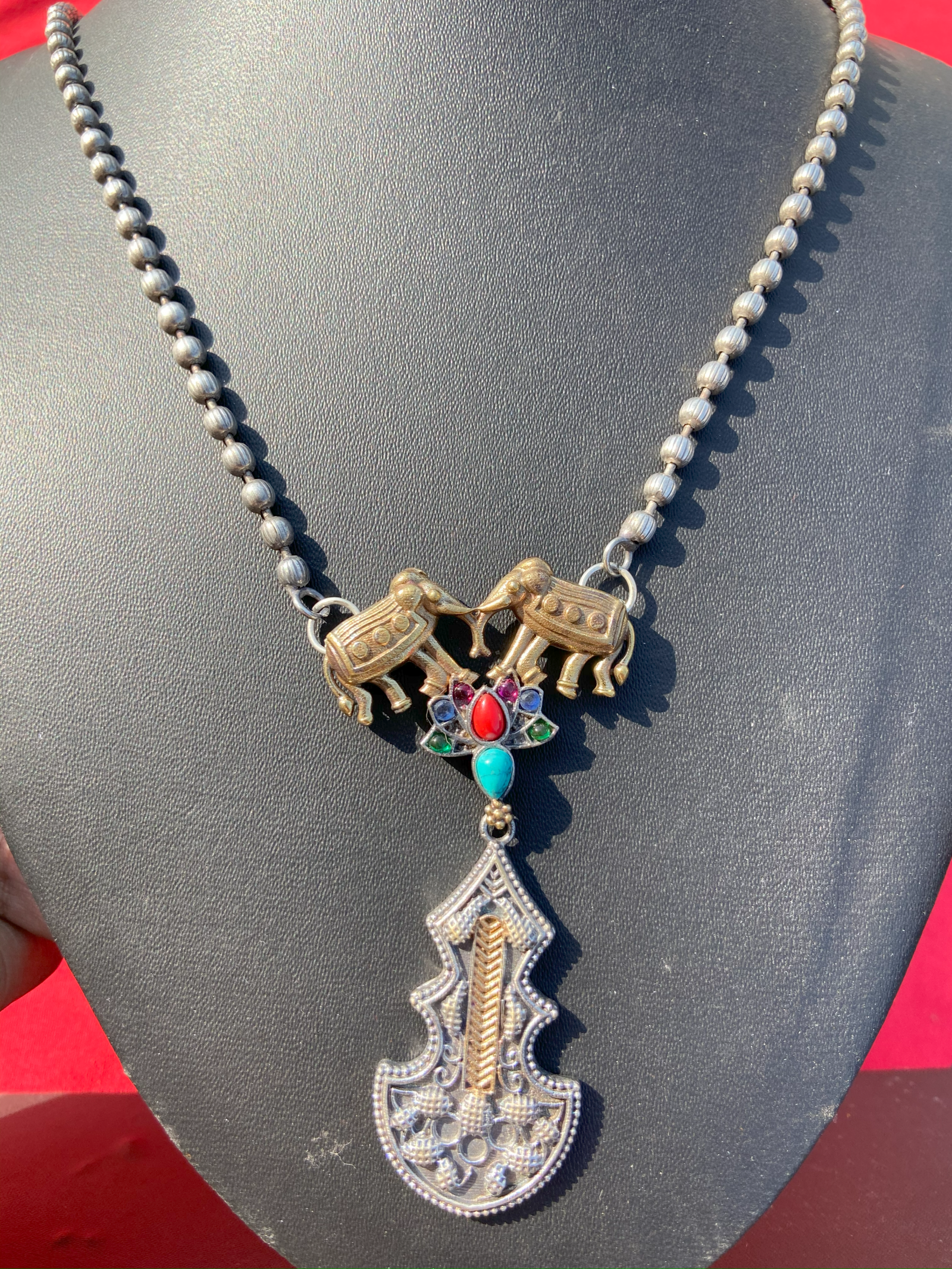 Silver Replica Long Chain With Animal Pendant and Earrings