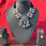 Silver Replica Necklace With Leaf pattern - Peach and Mint Green