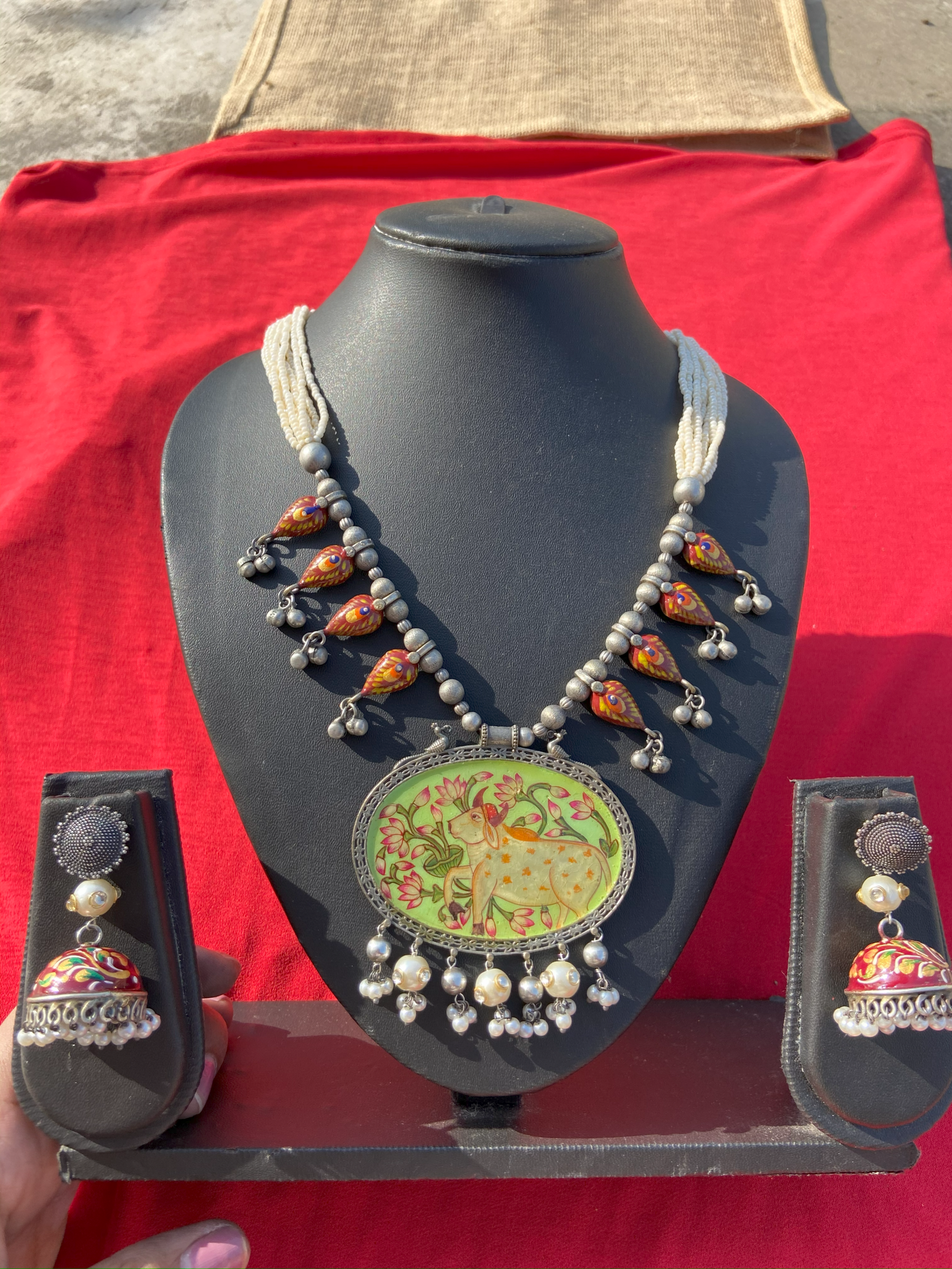 Silver Replica Cow Necklace With Earrings