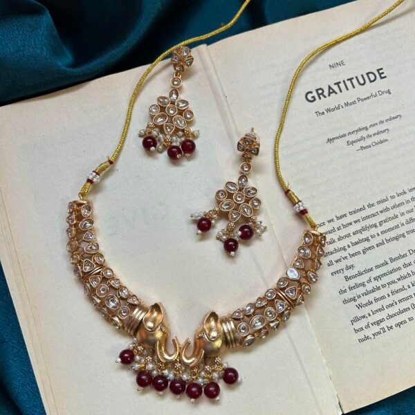 Kundan Elephant Necklace Set With Earrings - Maroon
