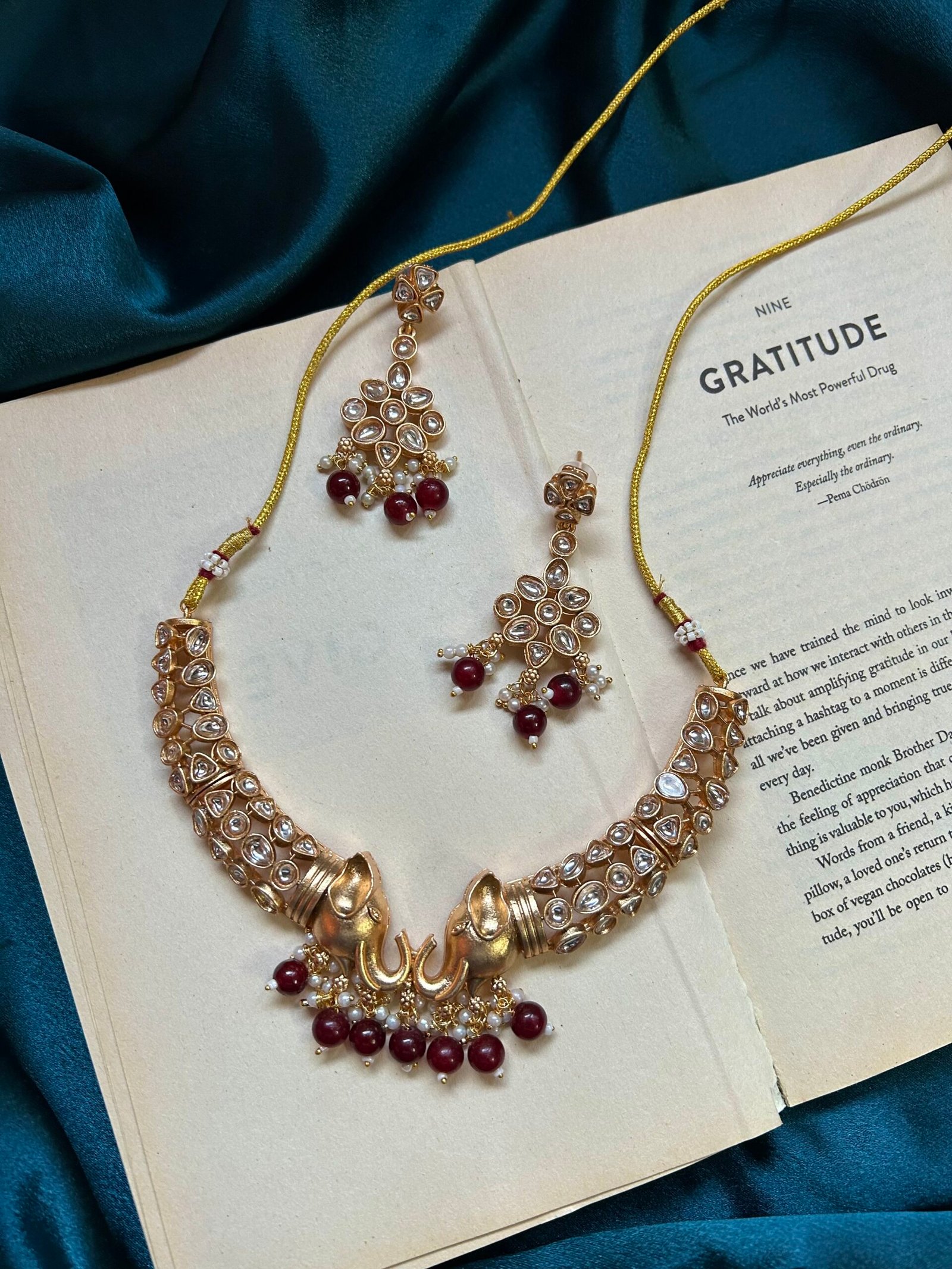 Kundan Elephant Necklace Set With Earrings - Maroon