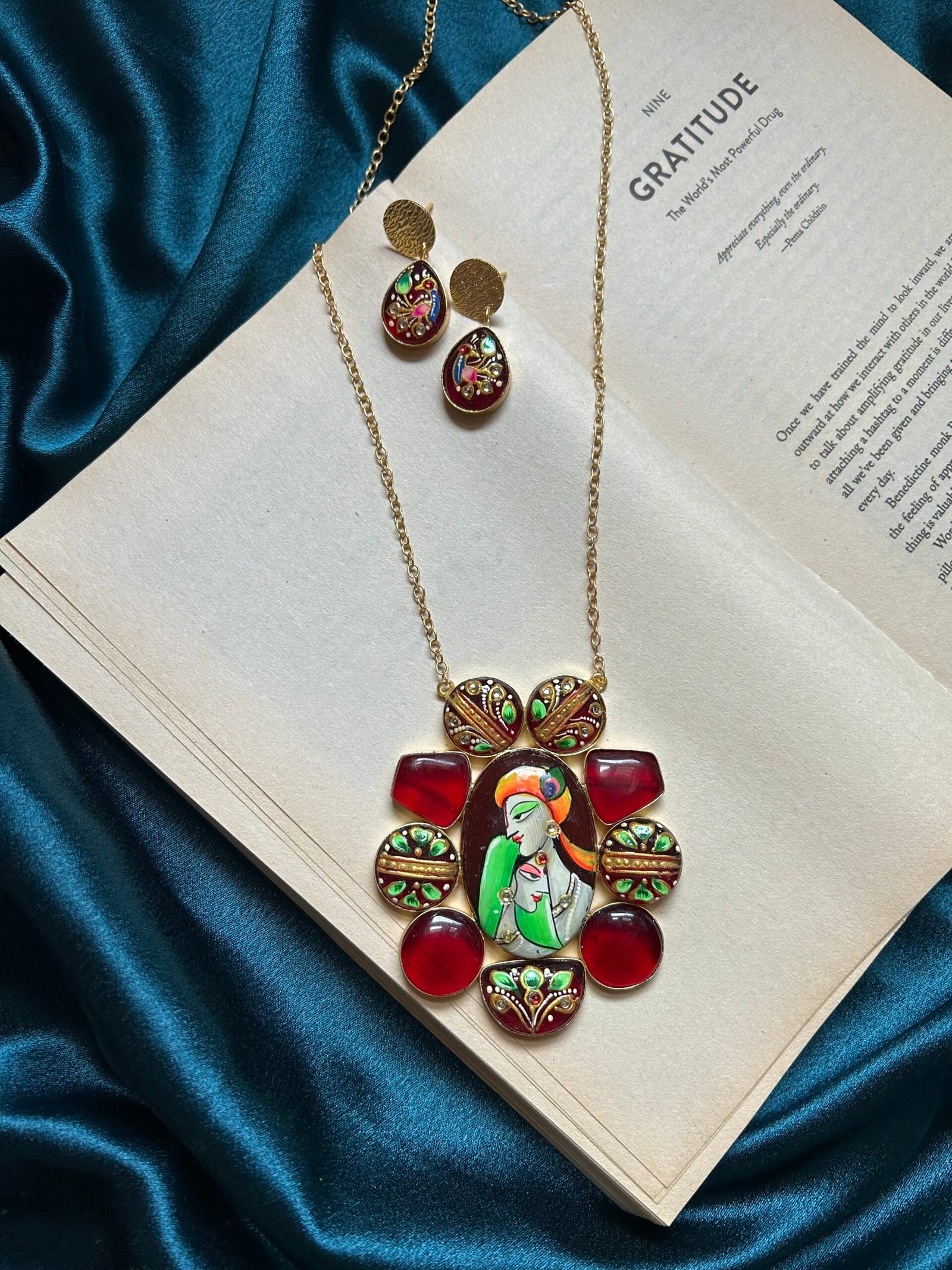 Long Tanjore Painting Ruby Necklace Set With Earrings