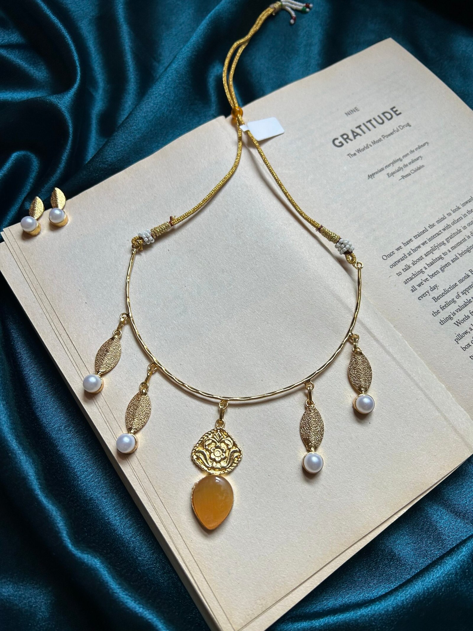 Brass Yellow Necklace Set With Earrings