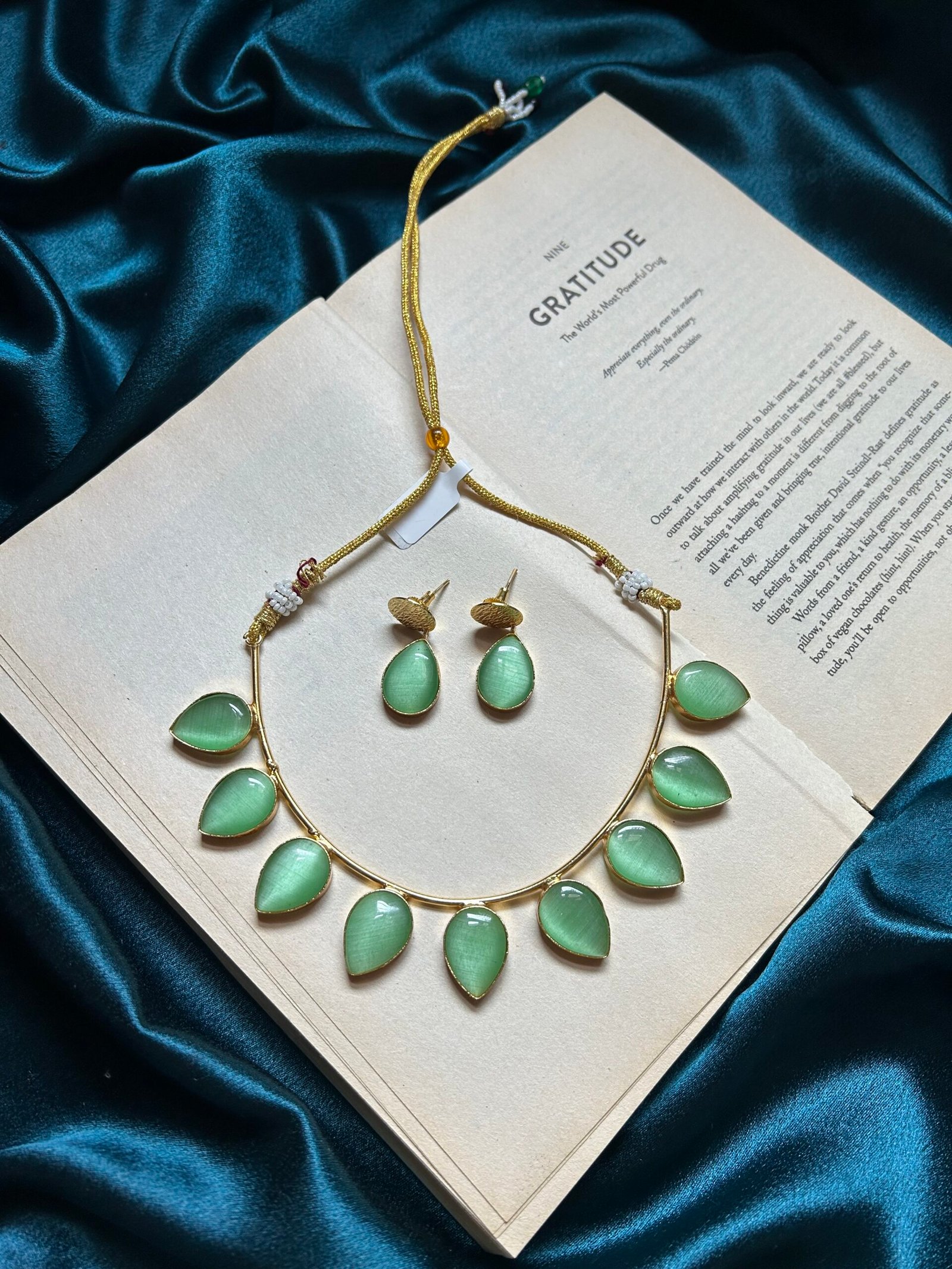 Brass Parrot Green Stone Necklace Set With Earrings