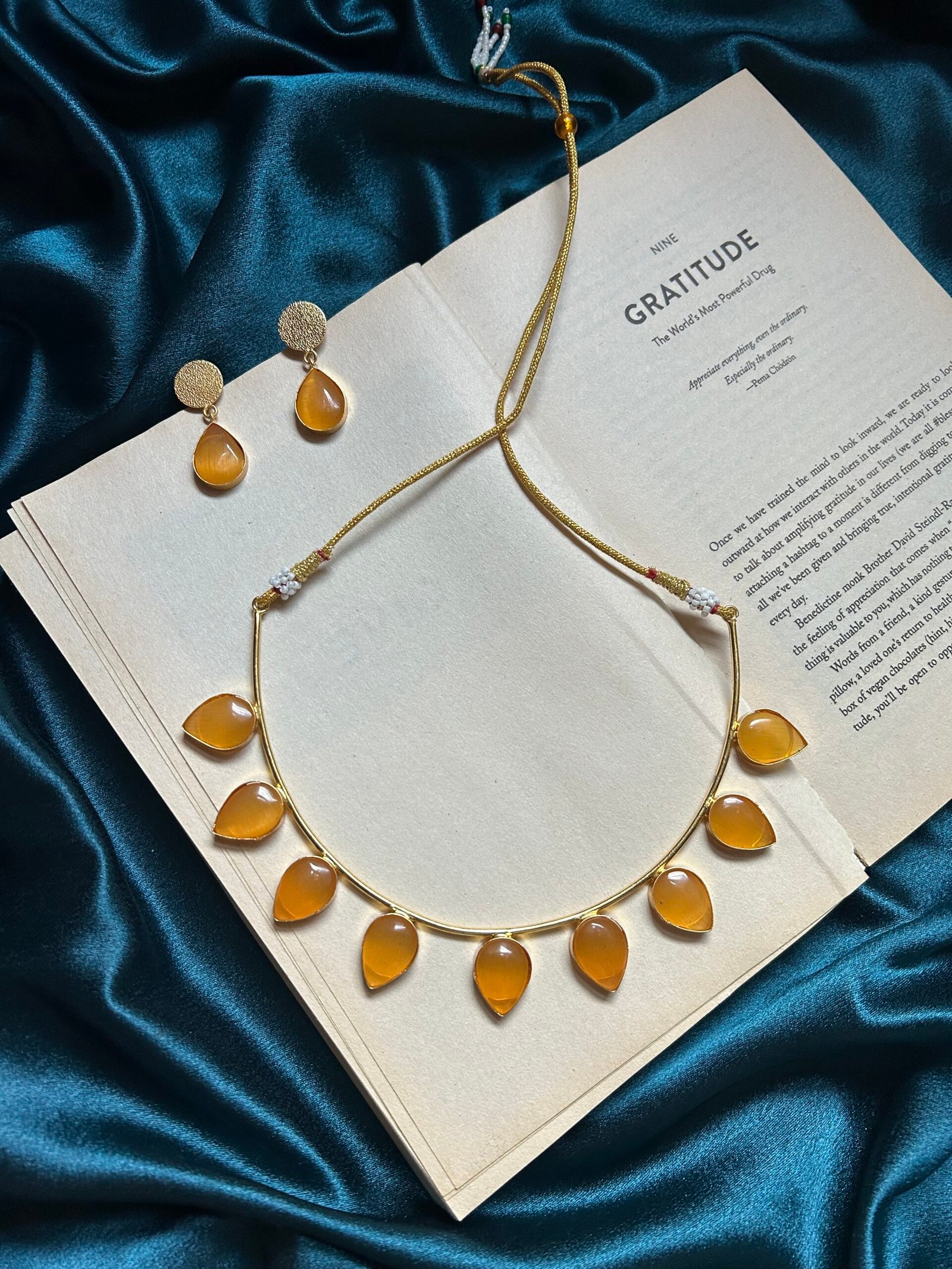 IMG_7318 Brass Stone Necklace Set With Earrings - Yellow - Image 1