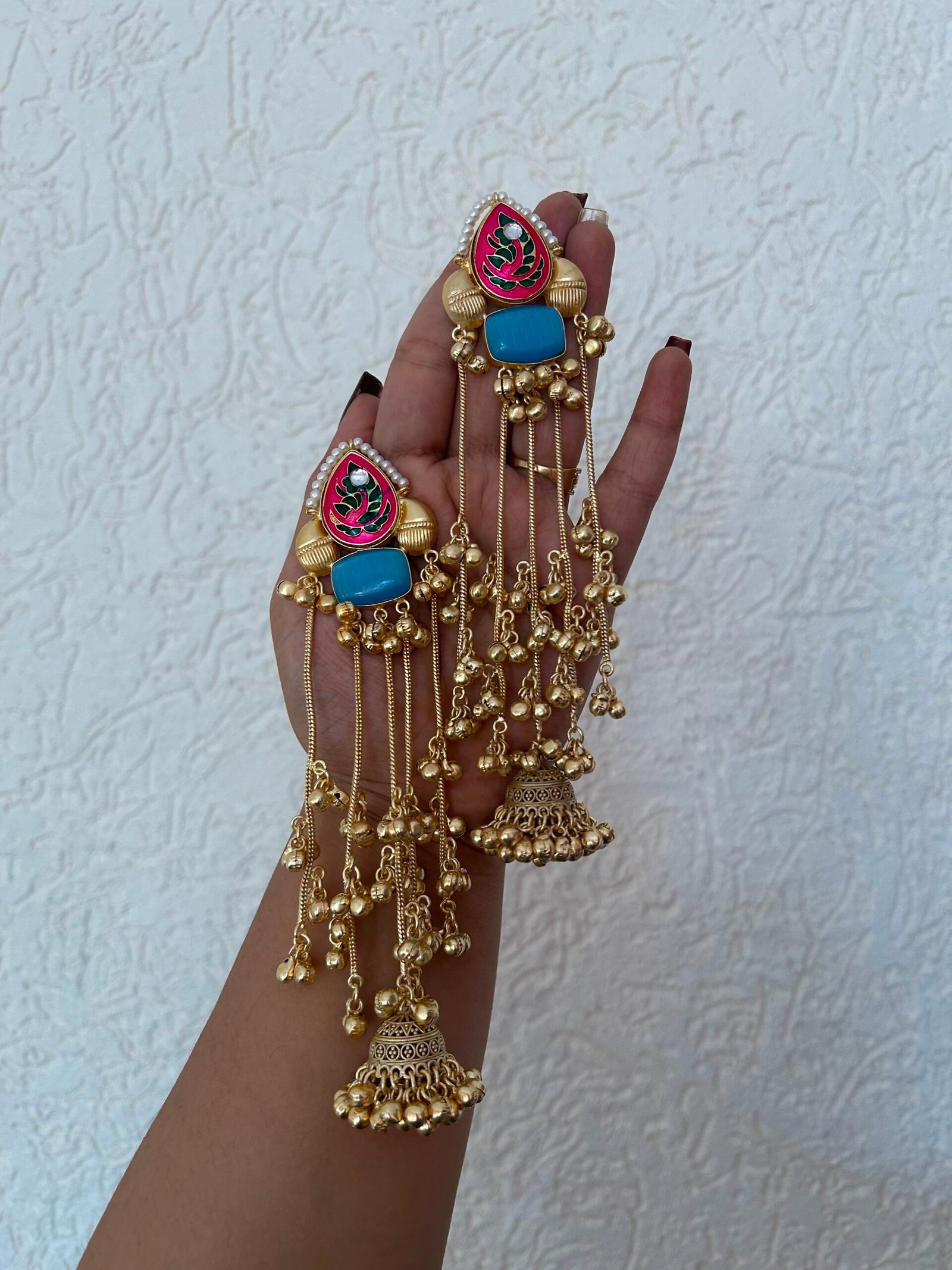 Kashmiri Earrings Pink - Sky Blue Monalisa