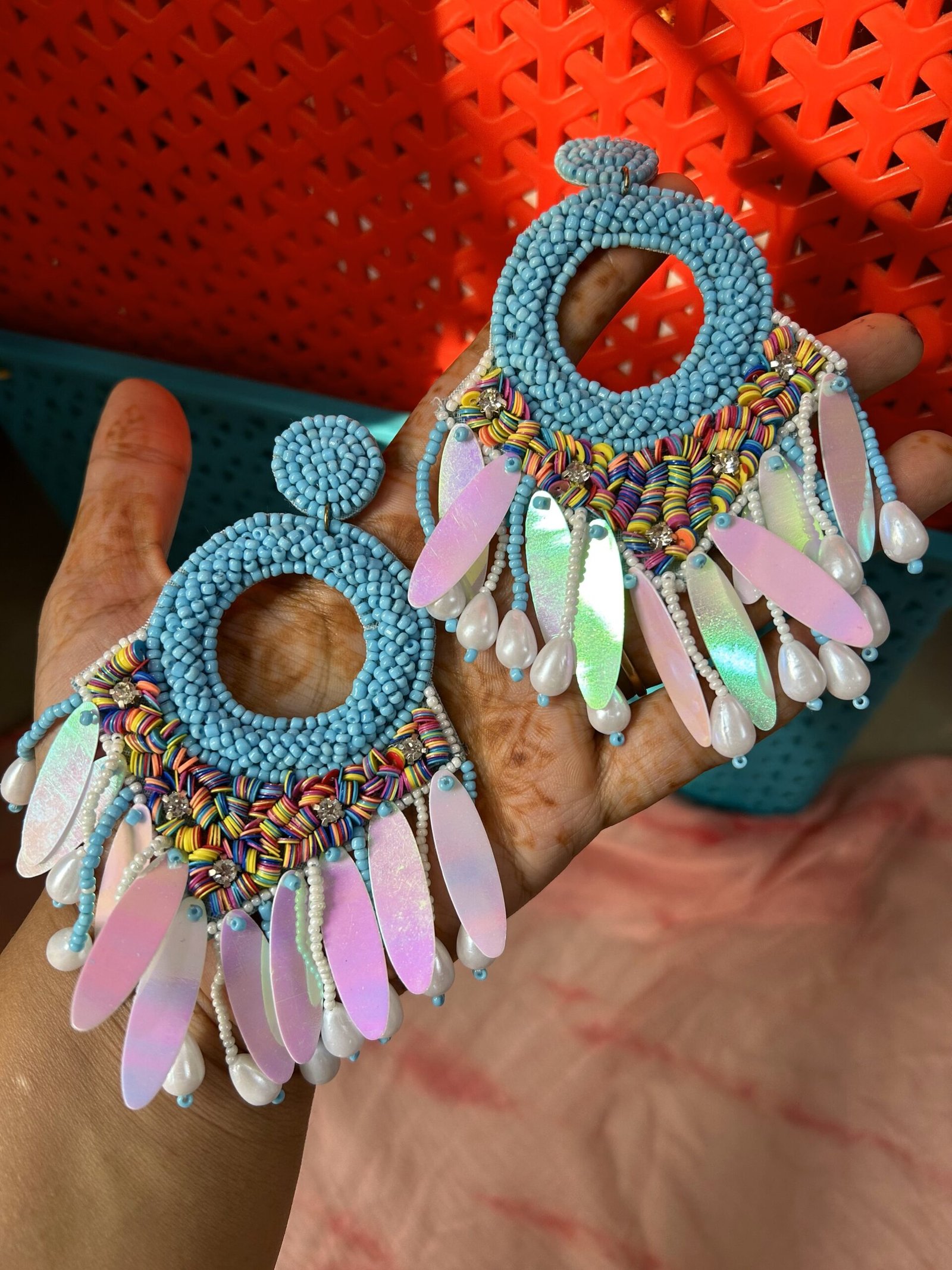 Feather Earrings - Blue circle