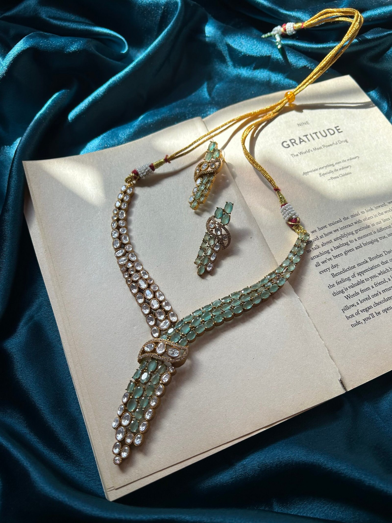 IMG_8982-scaled-1.jpeg AD and Moissanite Tie Necklace Set With earrings - Mint - Image 1