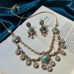 Italian Meena With Polki Necklace Set With earrings - Sea Green