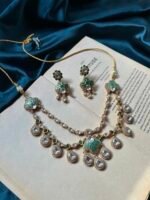 Italian Meena With Polki Necklace Set With earrings - Sea Green