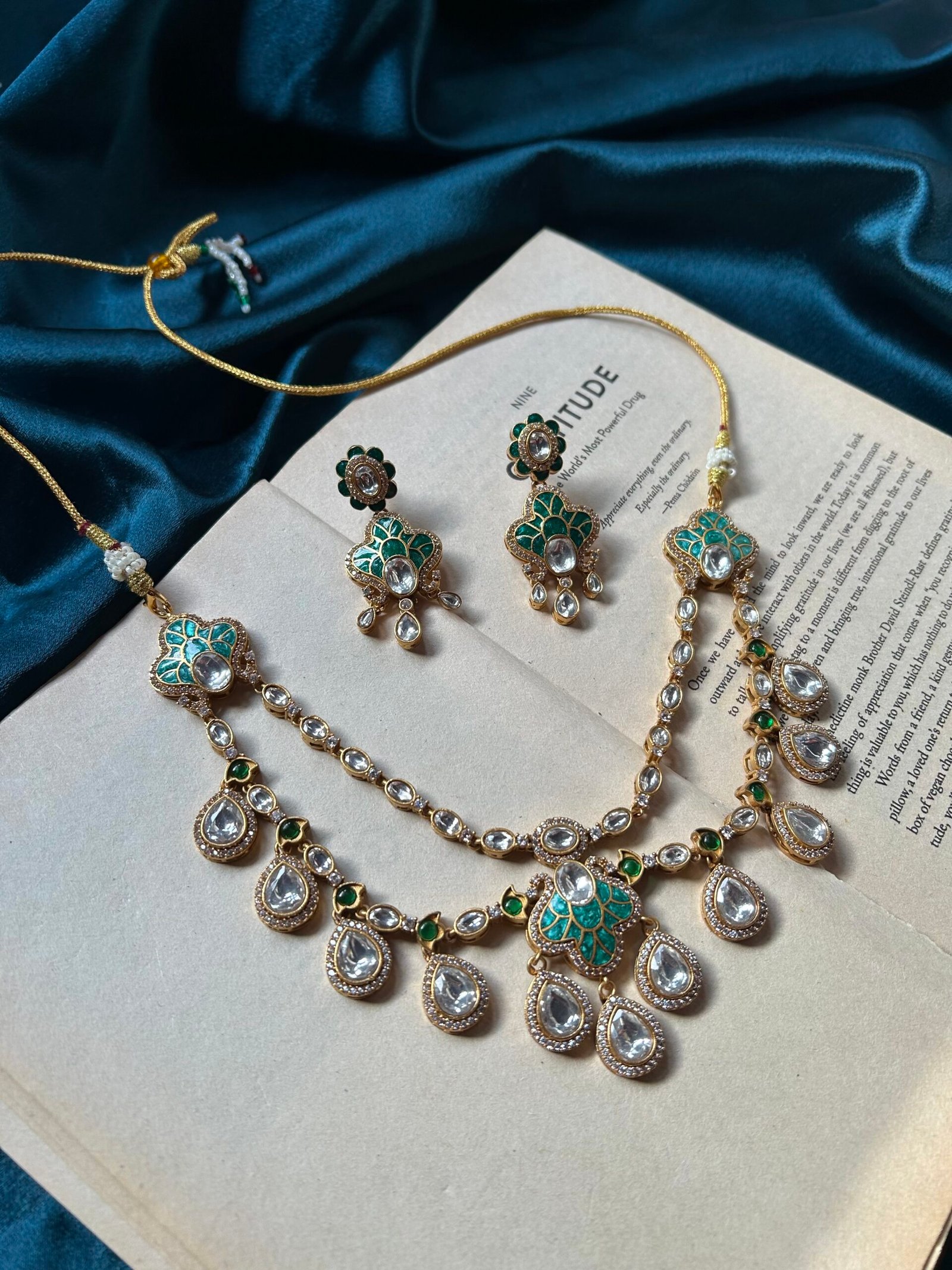 IMG_9005-scaled-1.jpeg Italian Meena With Polki Necklace Set With earrings - Sea Green - Image 1