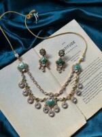 Italian Meena With Polki Necklace Set With earrings - Sea Green - Image 2