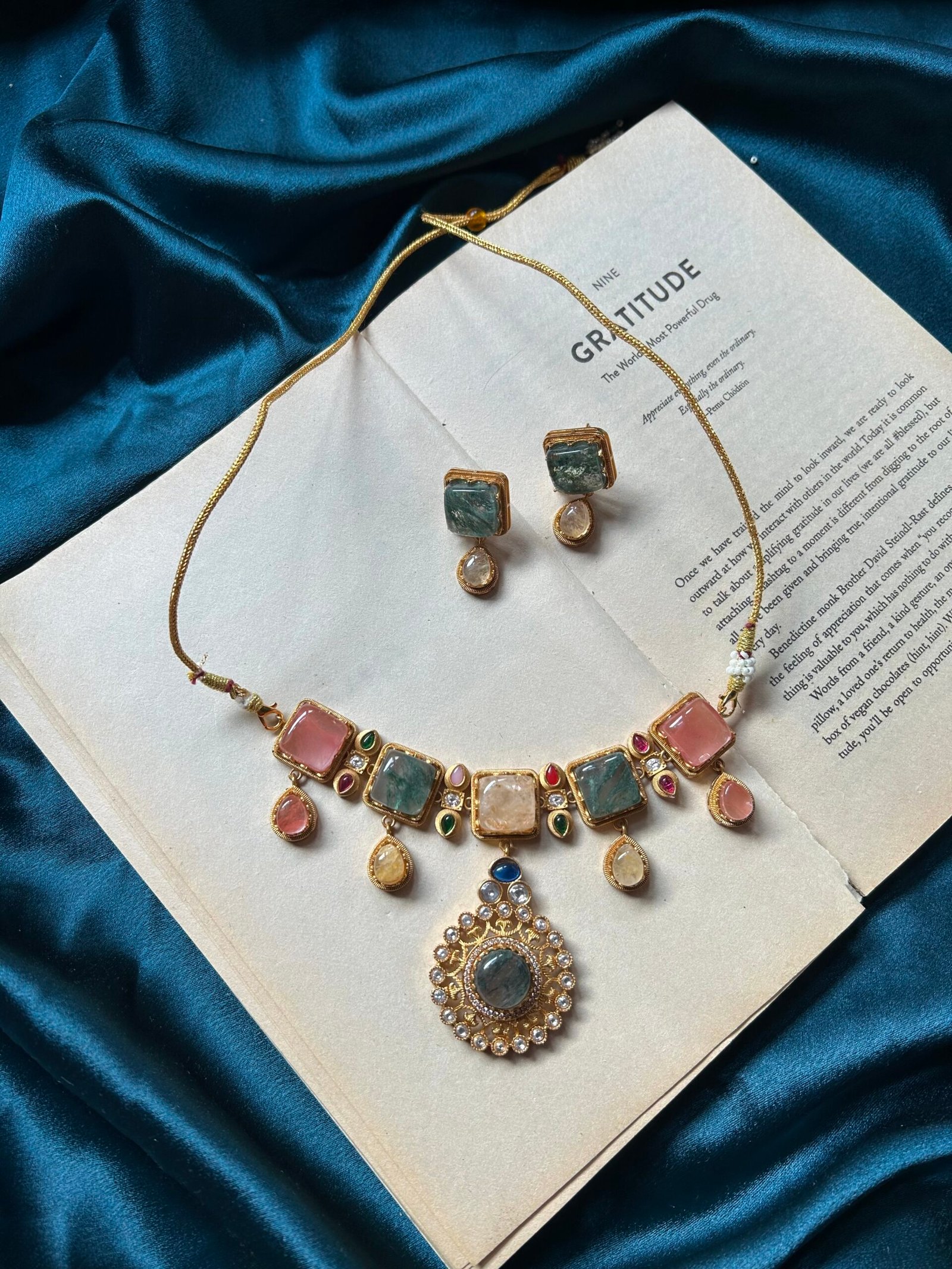 IMG_9008 Real Gemstone With Polki Necklace Set With Earrings - Multi - Image 1