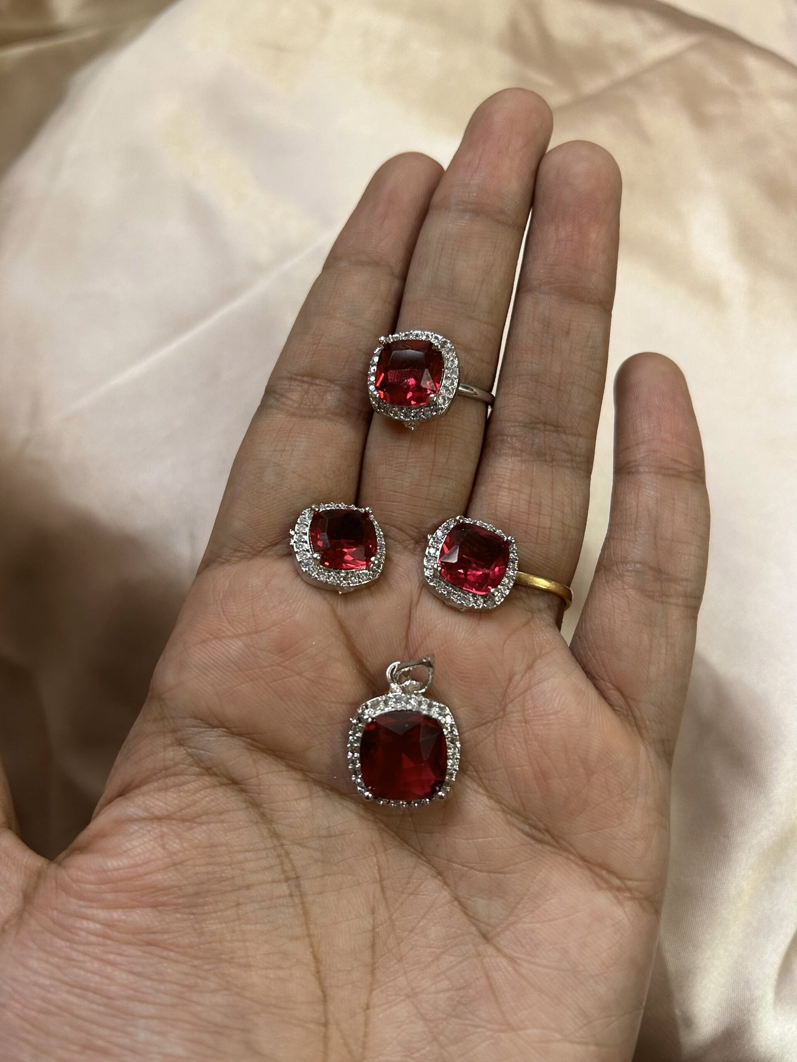 AD Pendant Ring Earrings Combo - Red