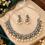 Silver Replica Necklace Set With Earrings - Green