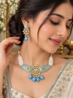 Kundan Choker Necklace Set With earrings - Blue - Image 2